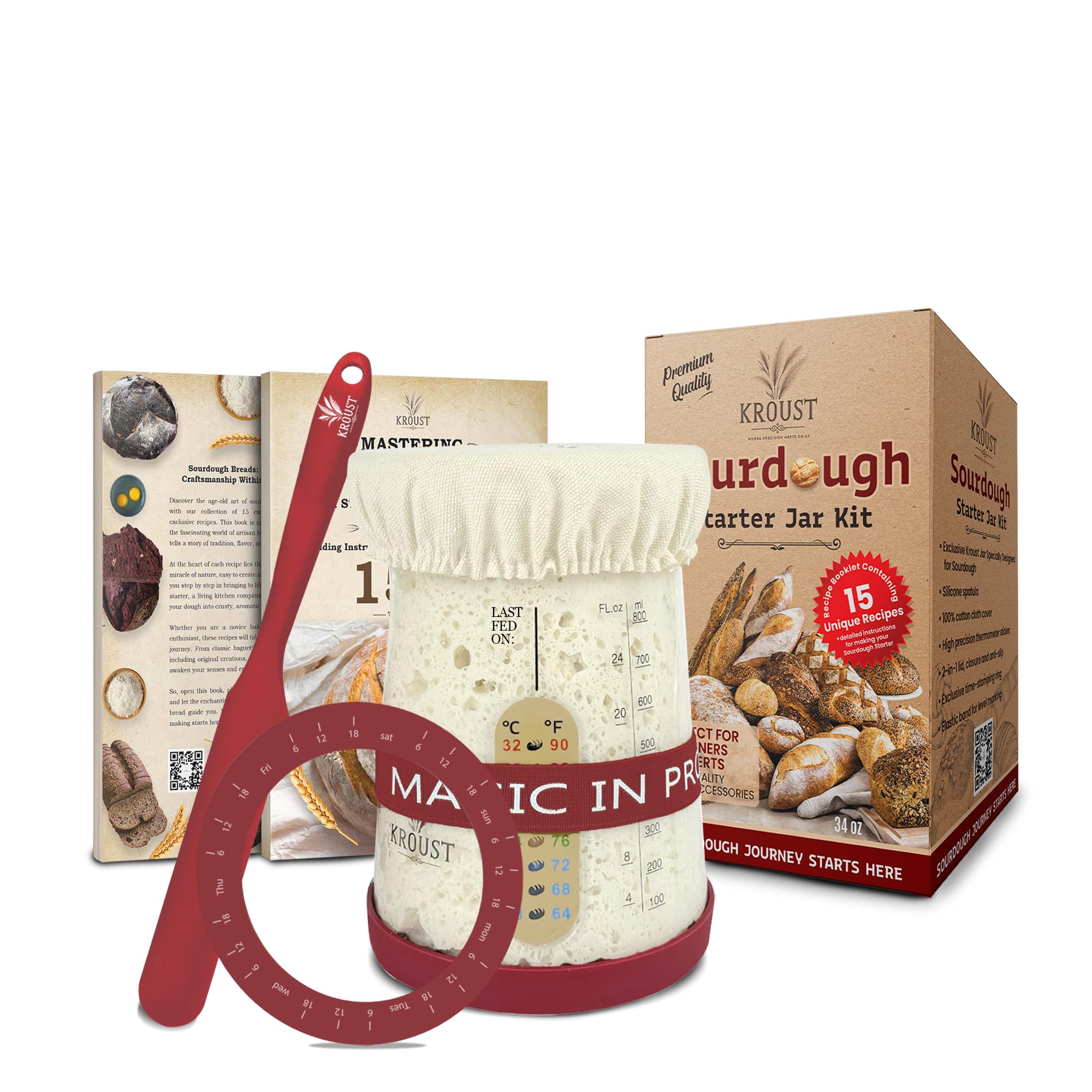 Organic Sourdough Starter Kit for Bread Baking - Includes Glass Jar, Feeding Band, Recipe Book & Baking Thermometer - Complete DIY Bread Making Supplies for Homemade Artisan Loaves - Perfect for Beginners & Home Bakers (Ideal for Gifts, Family Baking & Kitchen Experiments)