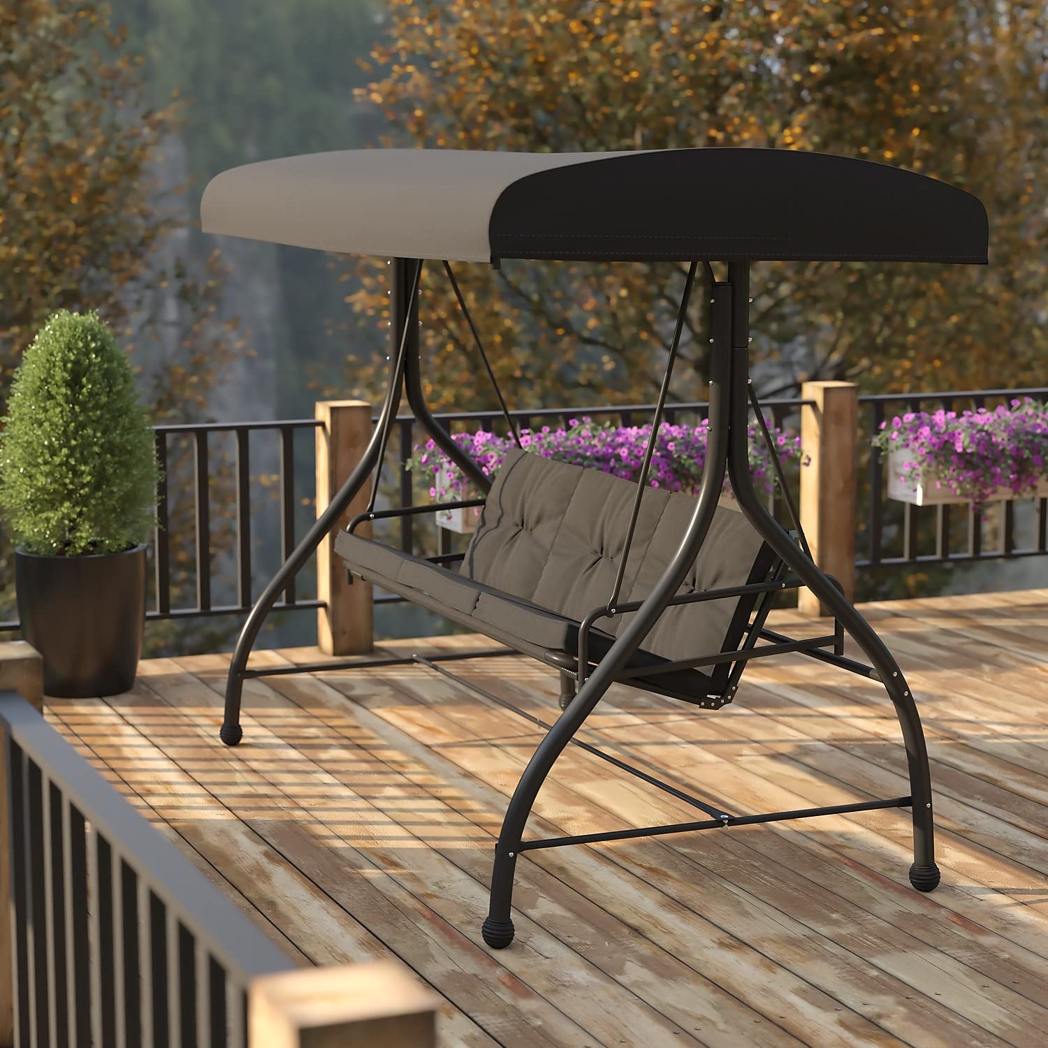 Flash Furniture Tellis 3-Seat Outdoor Steel Patio Swing with Canopy & Cushions - Convertible Hammock Swing Bed for Garden, Backyard, Deck (Black) | Perfect for Relaxing, Lounging & Outdoor Entertaining