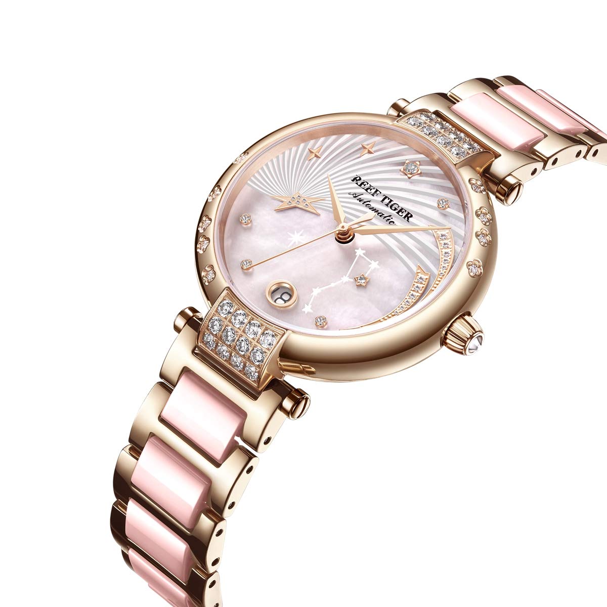 REEF TIGER Luxury Diamond Watch for Women - Automatic Movement, Shell Dial & Ceramic Band (Model RGA1592) | Perfect for Formal Events, Business Meetings & Special Occasions