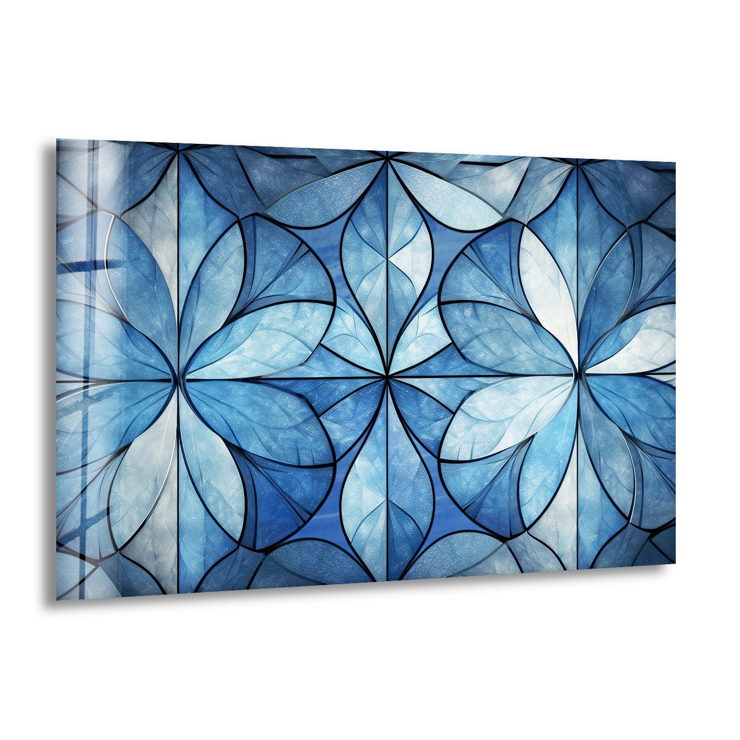 Blue Floral Geometric Wall Art - Modern Glass Panel with Elegant Petal Design for Home Decor, Living Room & Office