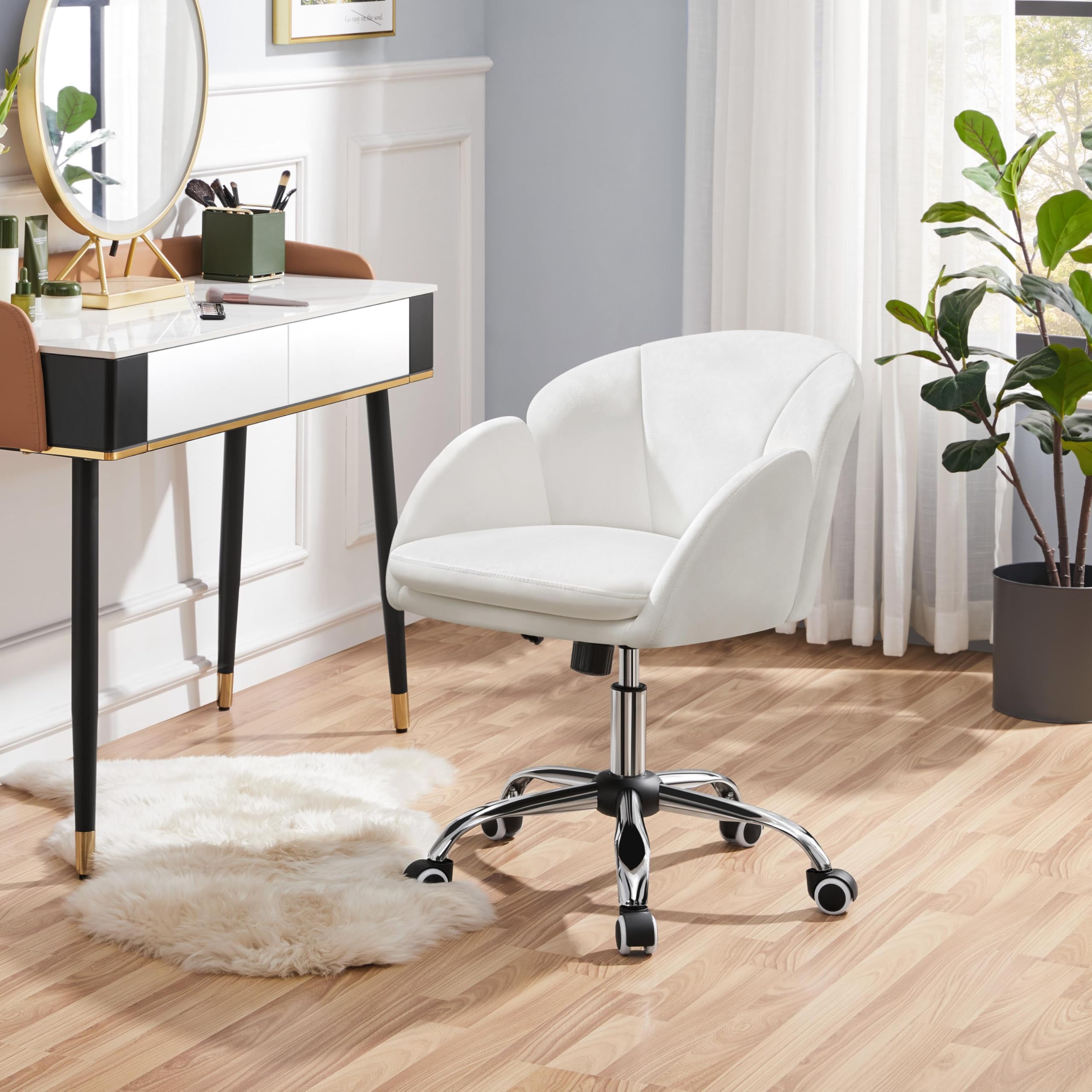 Yaheetech White Faux Leather Swivel Desk Chair - Modern Rolling Office Chair with Back Support, Adjustable Height for Home Office, Living Room & Bedroom - Perfect for Working, Studying & Gaming