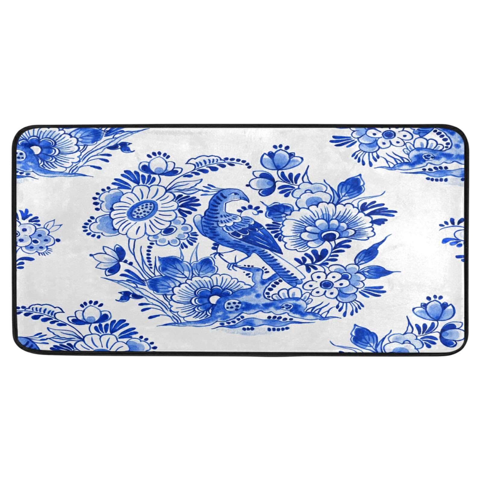 Non-Slip Washable Kitchen Rugs and Mats - Absorbent Cushioned Floor Mat with Blue & White China Floral Design (39
