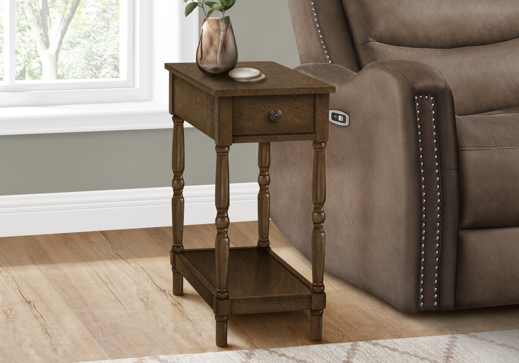 2 Tier Brown Veneer Accent Table with Storage Drawer - Traditional End Table for Bedroom, Living Room, or Office - Perfect for Small Spaces, Home Decor, and Extra Storage