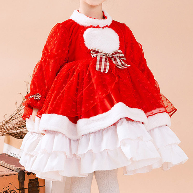 Red Lace Plush Fluffy Baby Girl Dress for Toddler Princess Winter Birthday Party | Formal Prom Gown for Special Occasions & Holiday Photos