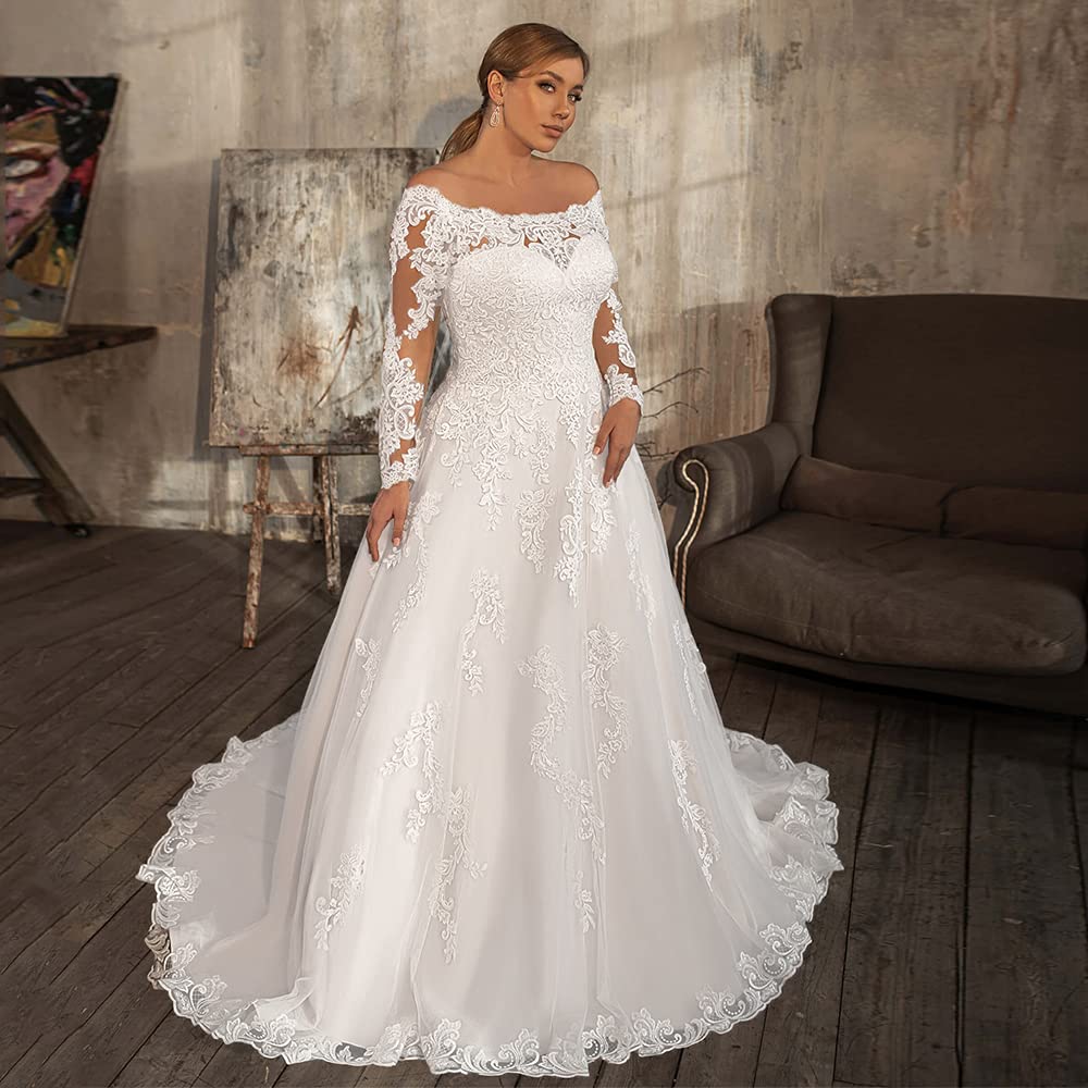XYAYE Long Sleeve Lace Wedding Dress for Bride - Puffy Tulle Off Shoulder Bridal Gown for Women | Elegant Church Ceremony & Beach Wedding Dress