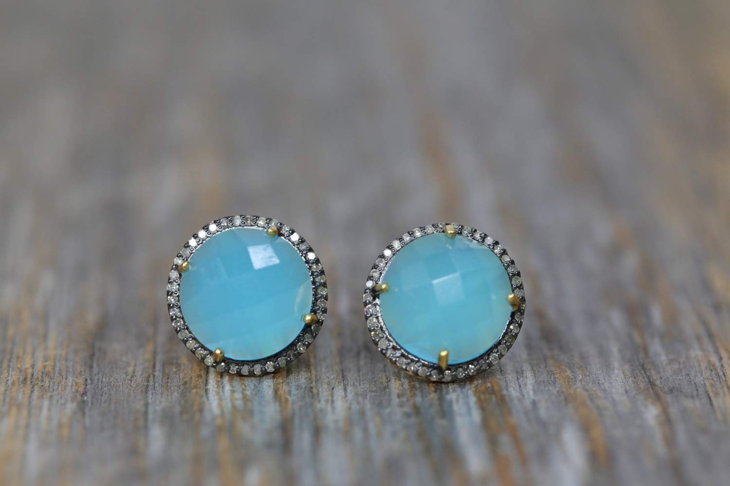 Large Aqua Blue Chalcedony Pave Diamond Stud Earrings - March Birthstone Jewelry for Women | Perfect Birthday Gift, Anniversary Present & Everyday Elegant Accessory
