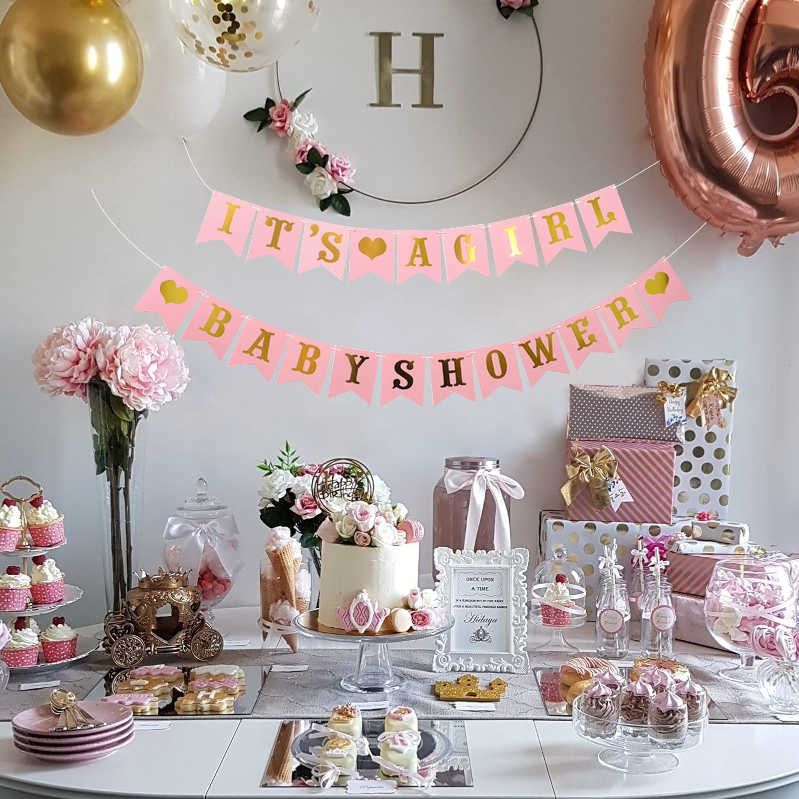 Rose Gold Glitter 'It's A Girl' Baby Shower Banner - Elegant Hanging Pennant Decor for Newborns, Baby Girl Birthday & Shower Parties - DIY Nursery Decoration Supplies - Perfect for Gender Reveals, First Birthdays & Nursery Wall Decor