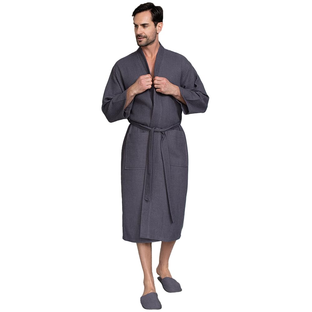 Luxury Soft Waffle Weave Cotton Bathrobe for Men - Premium SPA Quality Linen Robe - Perfect for Relaxation, Lounging & After Shower Comfort