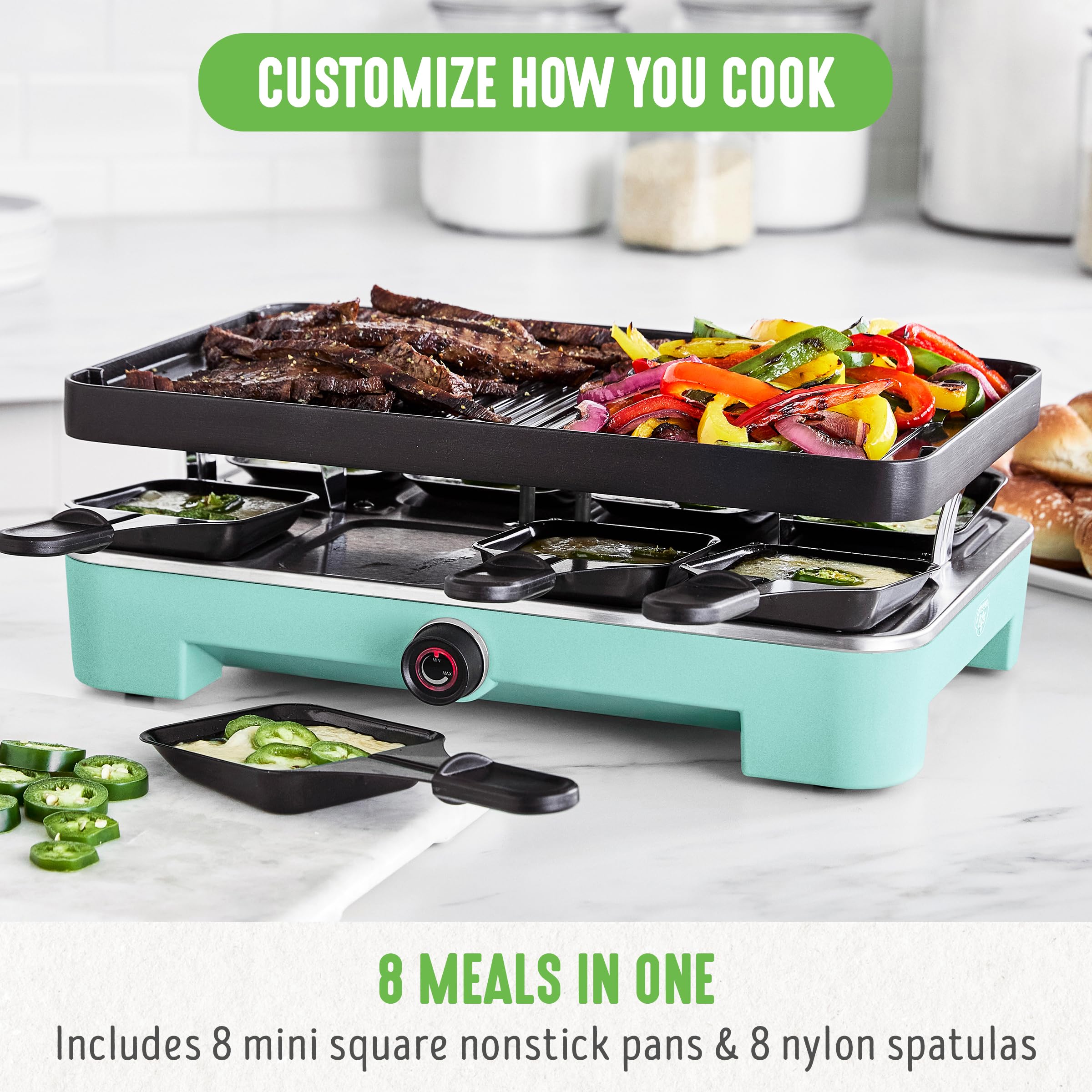 GreenLife Raclette Indoor Tabletop Grill - Healthy Ceramic Nonstick 2-in-1 Grill & Griddle with 8 Square Pans, Adjustable Temp Control & Indicator Light | PFAS-Free Turquoise Electric Raclette Maker for Family Gatherings & Dinner Parties