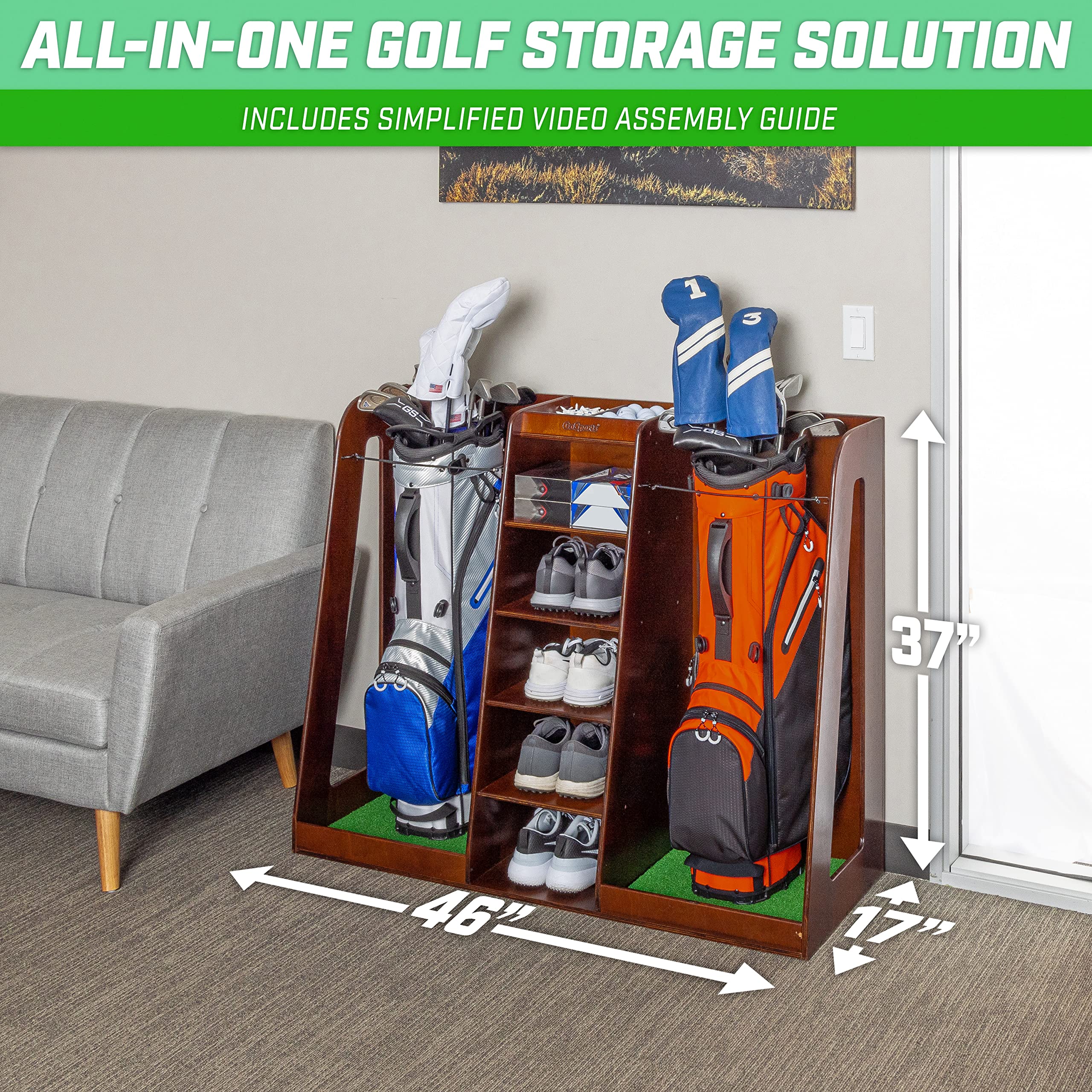 GoSports Premium Wooden Golf Bag Organizer & Storage Rack - Holds 2 Golf Bags - Black/White/Brown Finish - Perfect for Garage, Basement & Clubhouse Organization