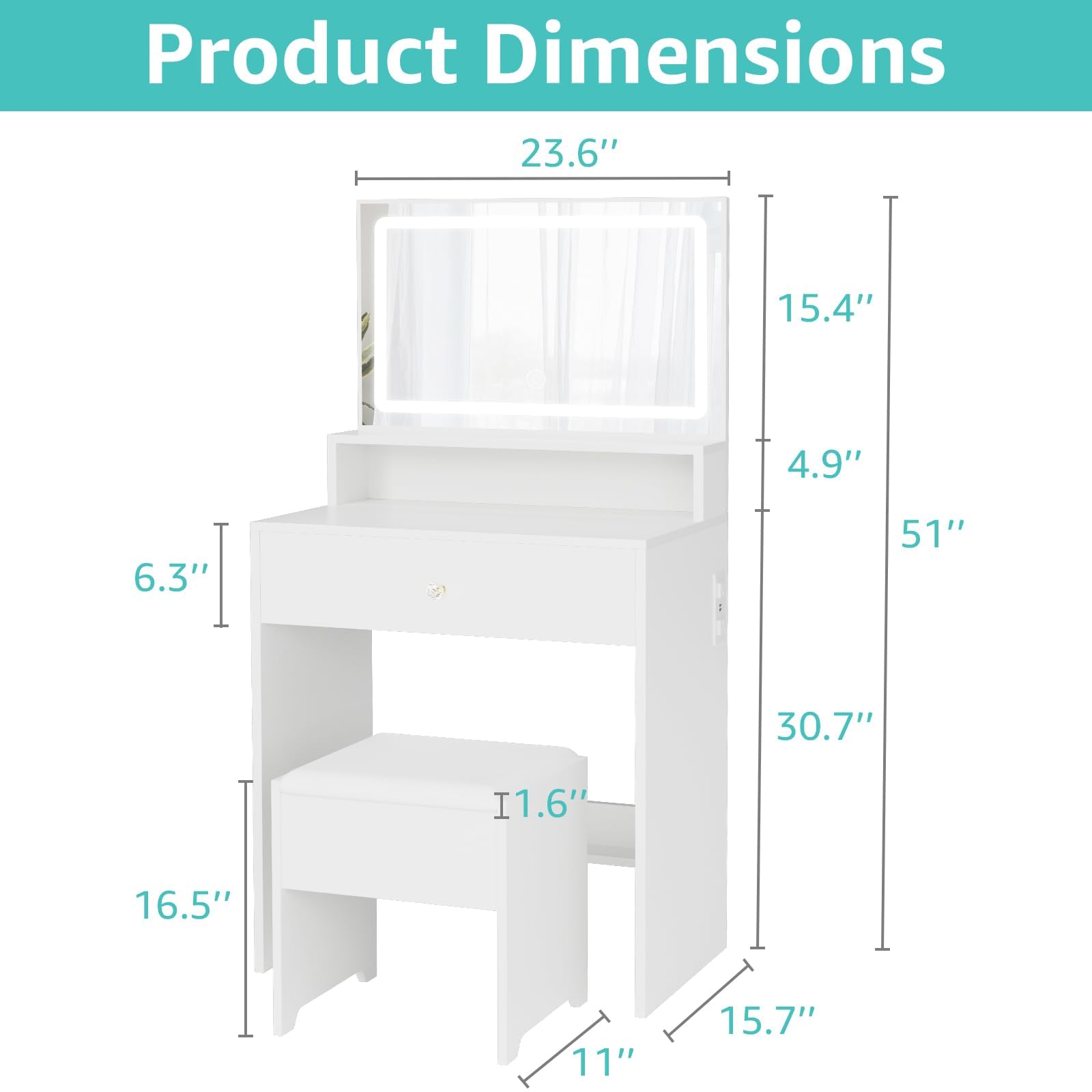 Small Vanity Desk with Mirror & LED Lights - Kids Makeup Vanity Table Set for Girls with Chair & Power Outlet, Compact Space-Saving Dressing Table for Bedroom, Perfect for Birthday Gifts & Princess Room Decor