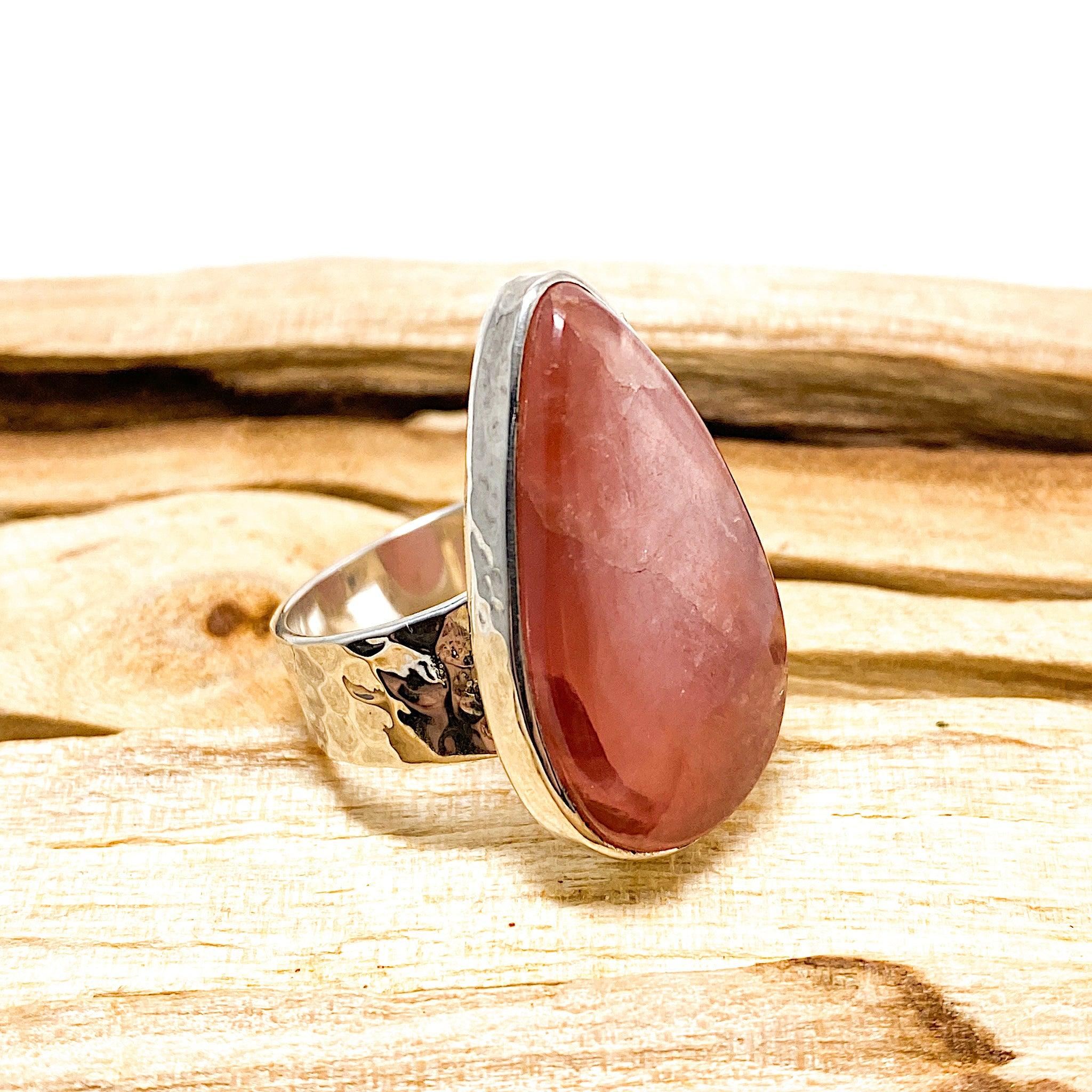 Rhodochrosite Teardrop Cabochon Ring with Beaten Band - Size 7.5 (KRGJ461) - Elegant Handmade Jewelry for Women, Perfect for Weddings, Parties & Special Occasions