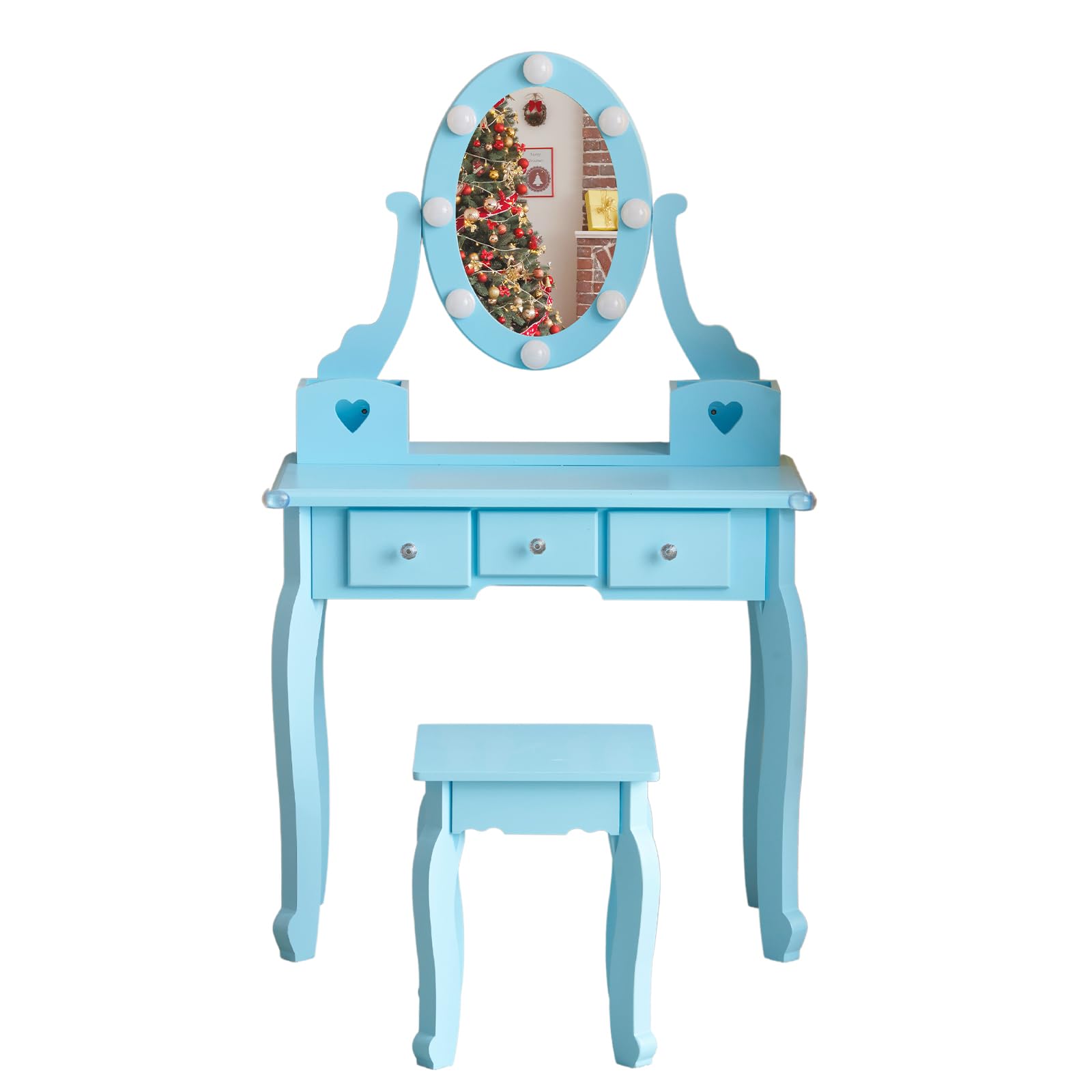 Princess Makeup Vanity Set with Mirror, LED Lights & Stool - 5-Drawer Dressing Table for Girls in Macaron Blue | Perfect for Pretend Play, Bedroom Decor & Birthday Gifts
