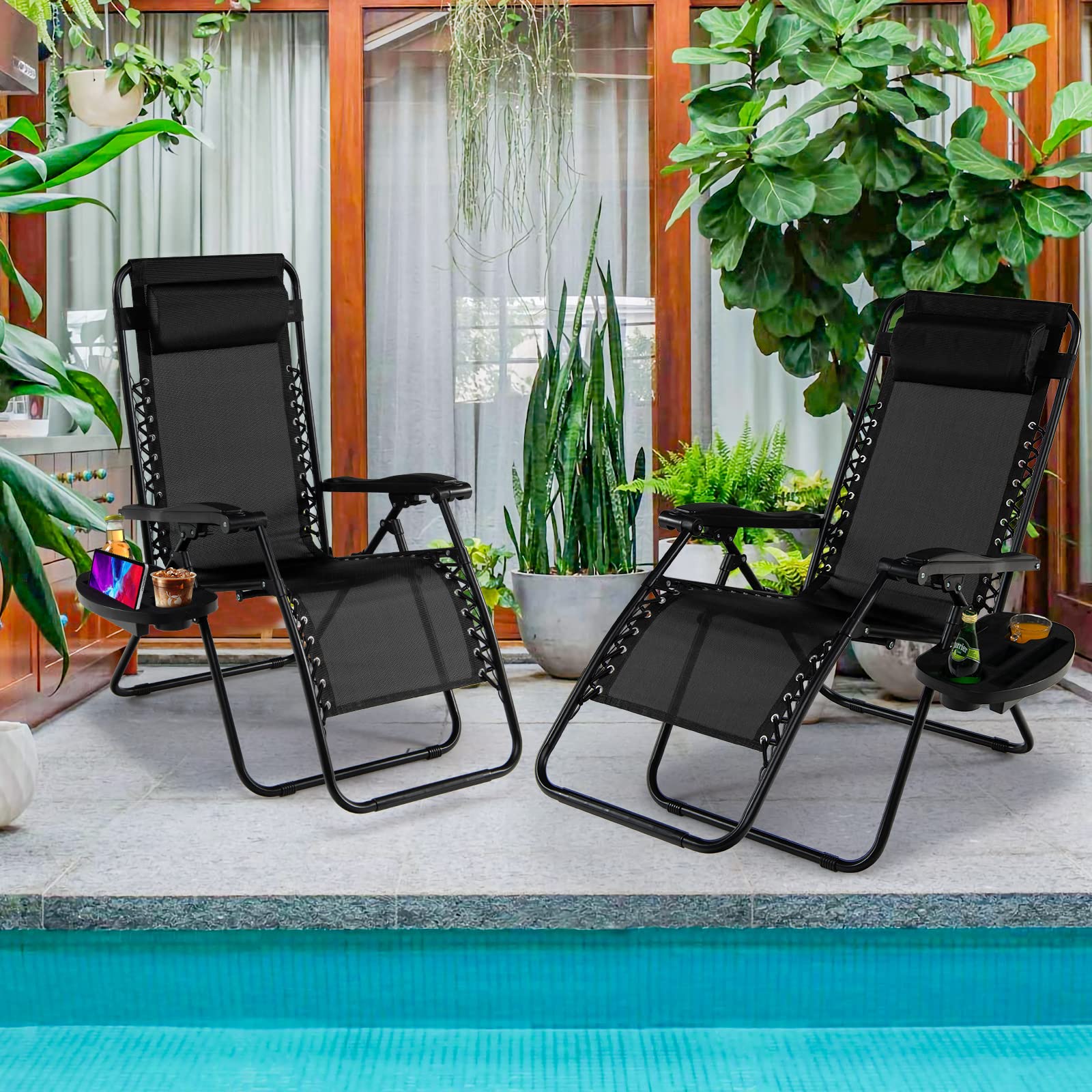 Goplus Zero Gravity Lounge Chairs - 160° Adjustable Folding Recliner with Pillow & Cup Holder, 350LBS Capacity - Comfortable Outdoor Patio Chairs for Backyard, Poolside, Beach & Camping (1-Pack, Black) - Perfect for Relaxing, Sunbathing & Outdoor Leisure