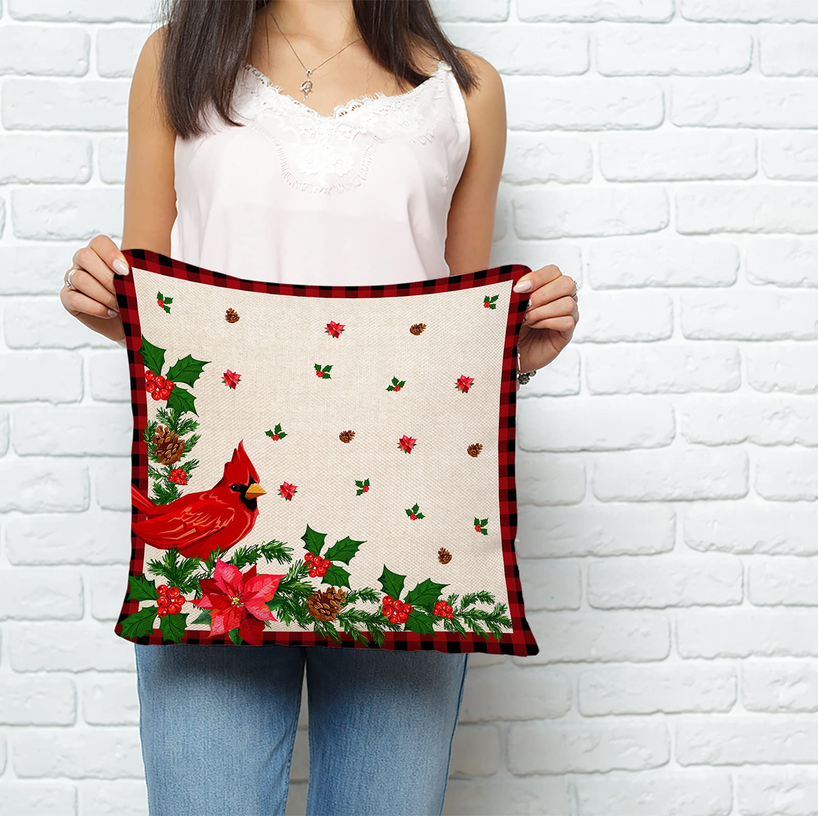 Christmas Throw Pillow Covers 20x20 Inch - Decorative Cushion Covers for Sofa, Couch & Chair - Retro Cardinal Poinsettia Floral Design - Perfect for Holiday Home Decor, Living Room & Bedroom Accents