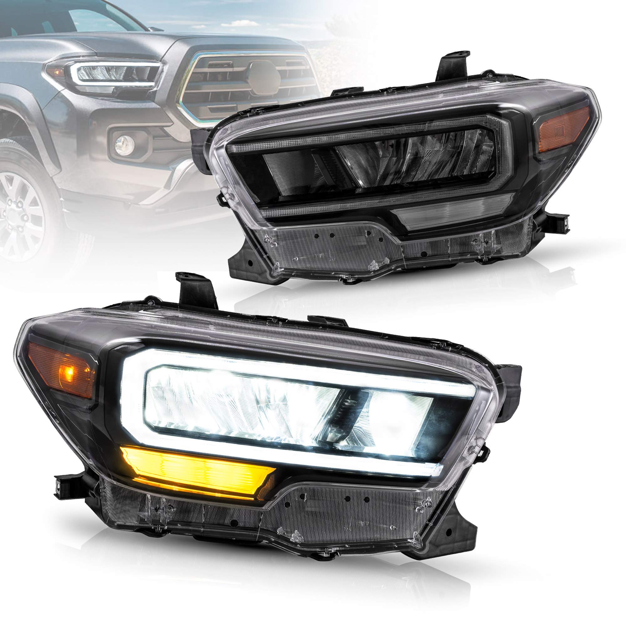 VLAND Full LED Projector Headlights for Toyota Tacoma 2016-2019 - High Performance Front Lamps Assembly with Welcome Light, LED DRL, HI/LO Beam Lens & Amber Side Markers (Reflective Bowl) - Perfect for Off-Roading, Night Driving & Car Customization