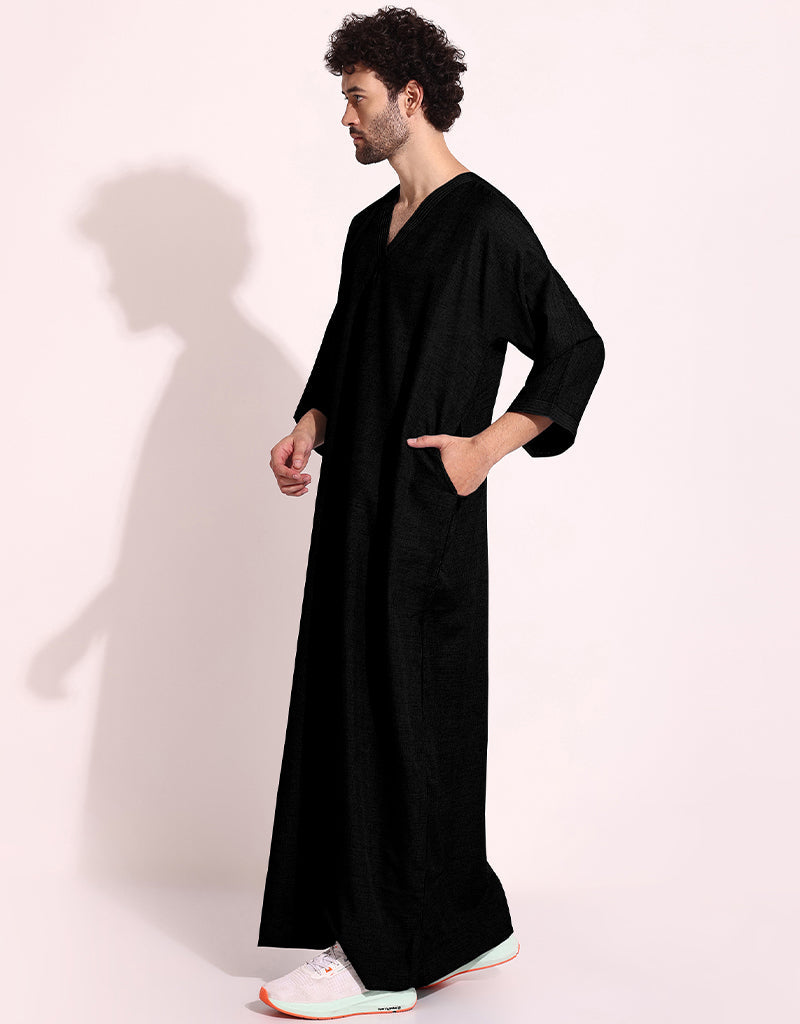 Premium Black Thobes for Men - Soft Spun Cotton Digital Printed Islamic Prayer Outfit - Perfect for Eid, Ramadan & Daily Prayers