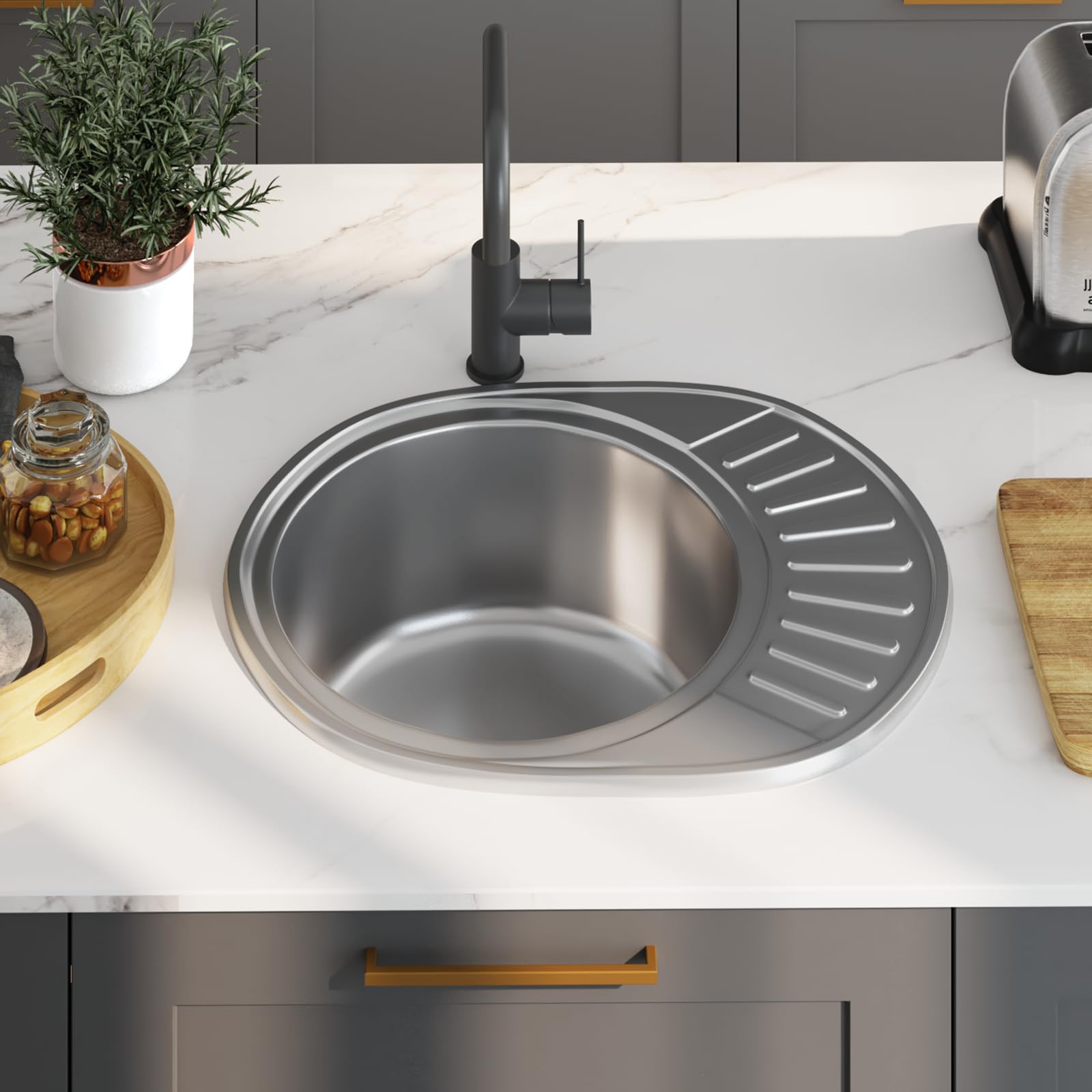 Stainless Steel Kitchen Sink with Strainer & Drain - Oval Design for Modern Kitchens | Perfect for Home Renovation & Commercial Use