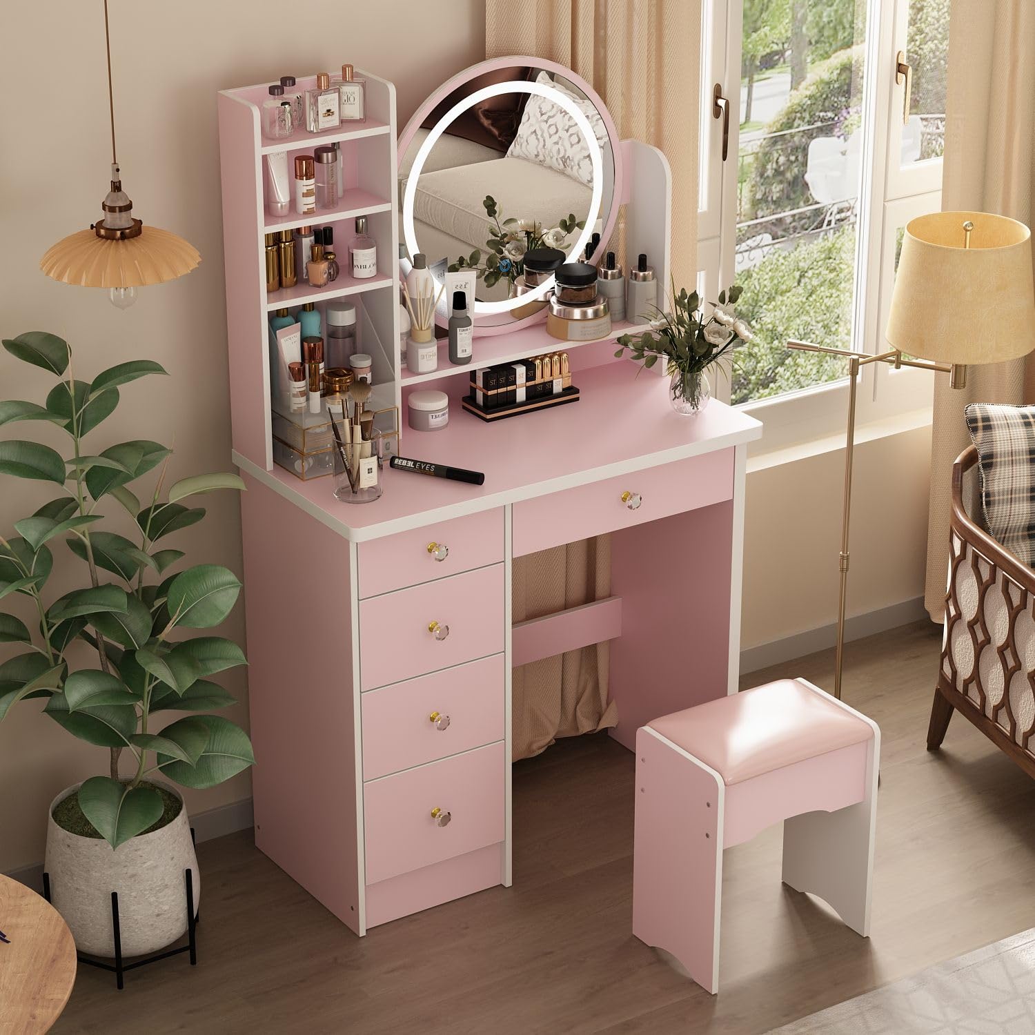 MOUMON Pink Vanity Desk with LED Lights, Mirror, Drawers & Shelves - Crystal Handles & Cushion Stool Included | Perfect for Makeup, Skincare & Dressing Room Organization
