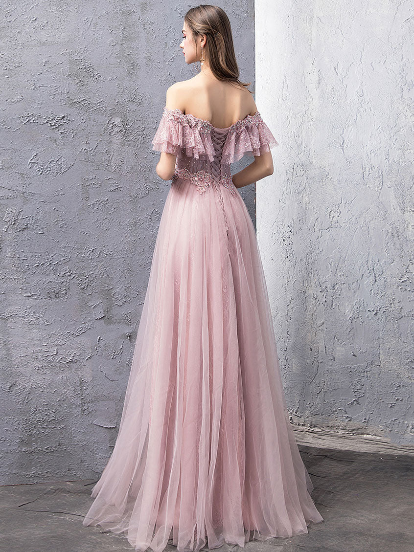 Elegant Pink Tulle Lace Off-Shoulder Long Prom Dress for Women - Formal Evening Gown for Homecoming, Ball, Wedding & Special Occasions