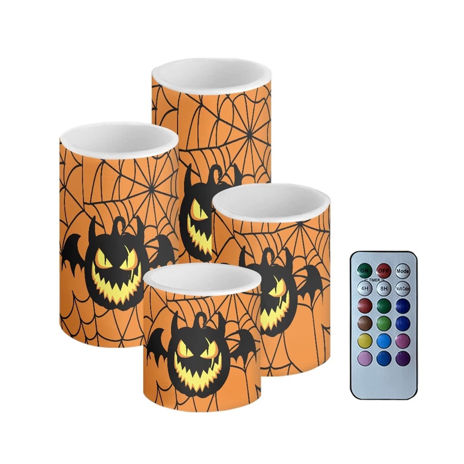 Frestree Orange Flameless LED Candles Set of 4 - Realistic Flickering Tea Lights with Remote Control & Timer, Pumpkin Ghost Spider Web Print for Halloween Decorations - Perfect for Home, Party, and Outdoor Halloween Displays