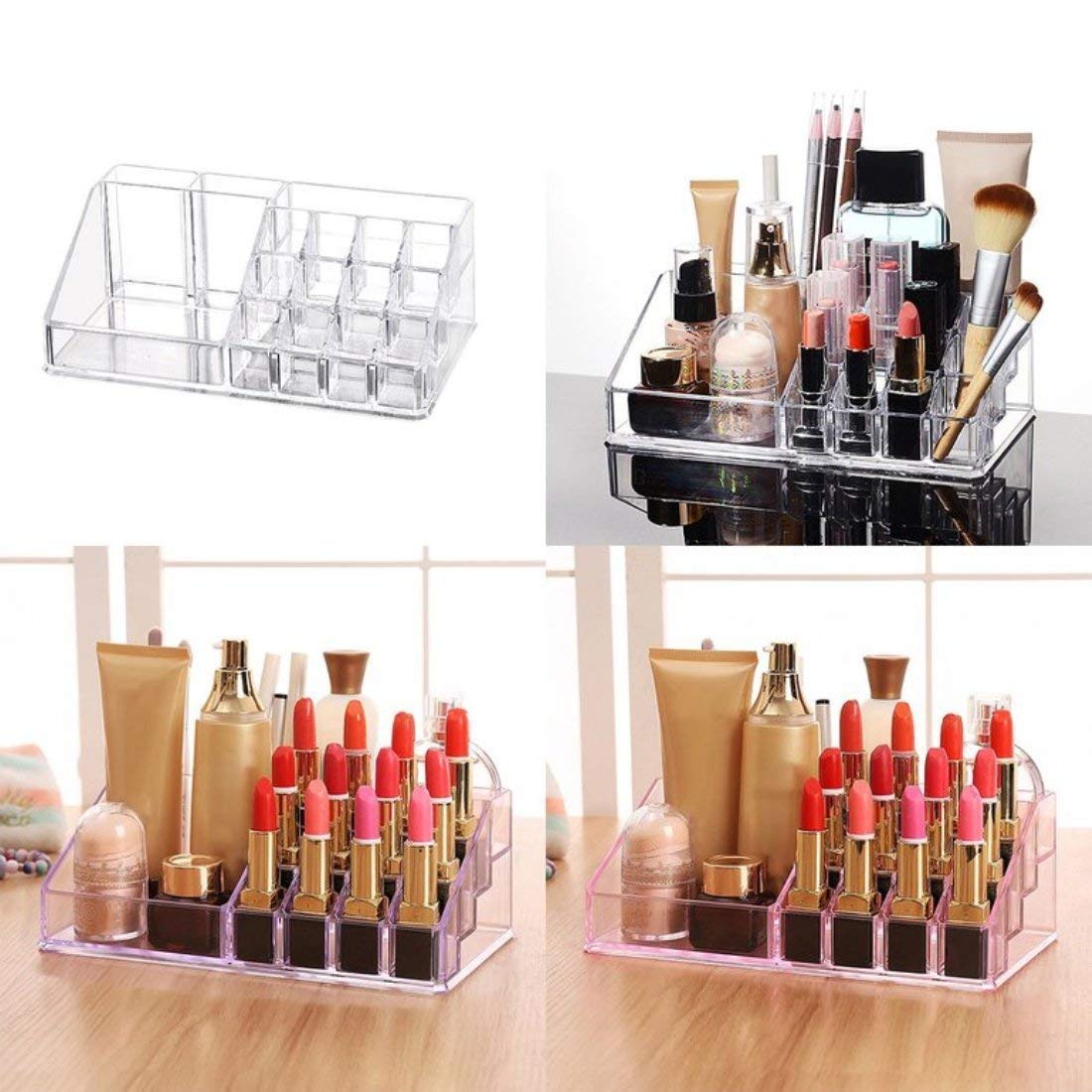 PRUTHA® 16 Grid Clear Acrylic Lipstick Organizer & Nail Polish Holder - 16 Compartment Makeup Storage Box for Lip Gloss, Cosmetics, Jewelry - Perfect for Vanity, Bathroom, and Travel Organization