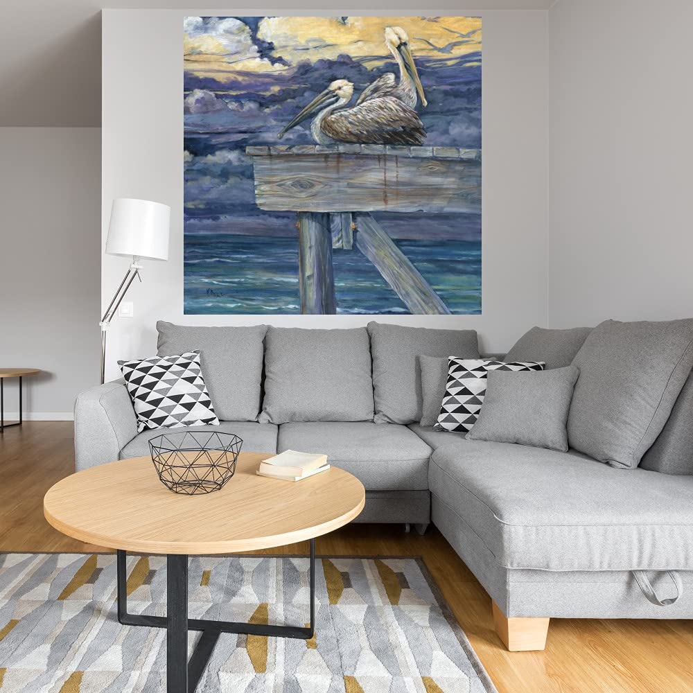 Paul Brent Pelican Dock Fine Art Canvas Wall Decor - 37x37 Inch Ready to Hang Painting for Living Room, Bedroom, Office & More - Coastal & Nautical Home Decor