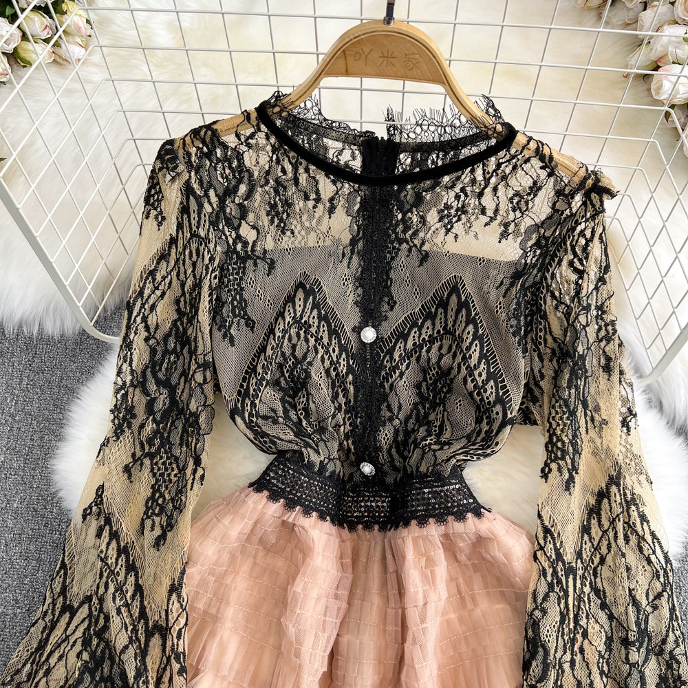 Elegant Long Sleeve Round Neck Lace A-Line Mesh Cake Dress - Perfect for Weddings, Parties & Special Occasions