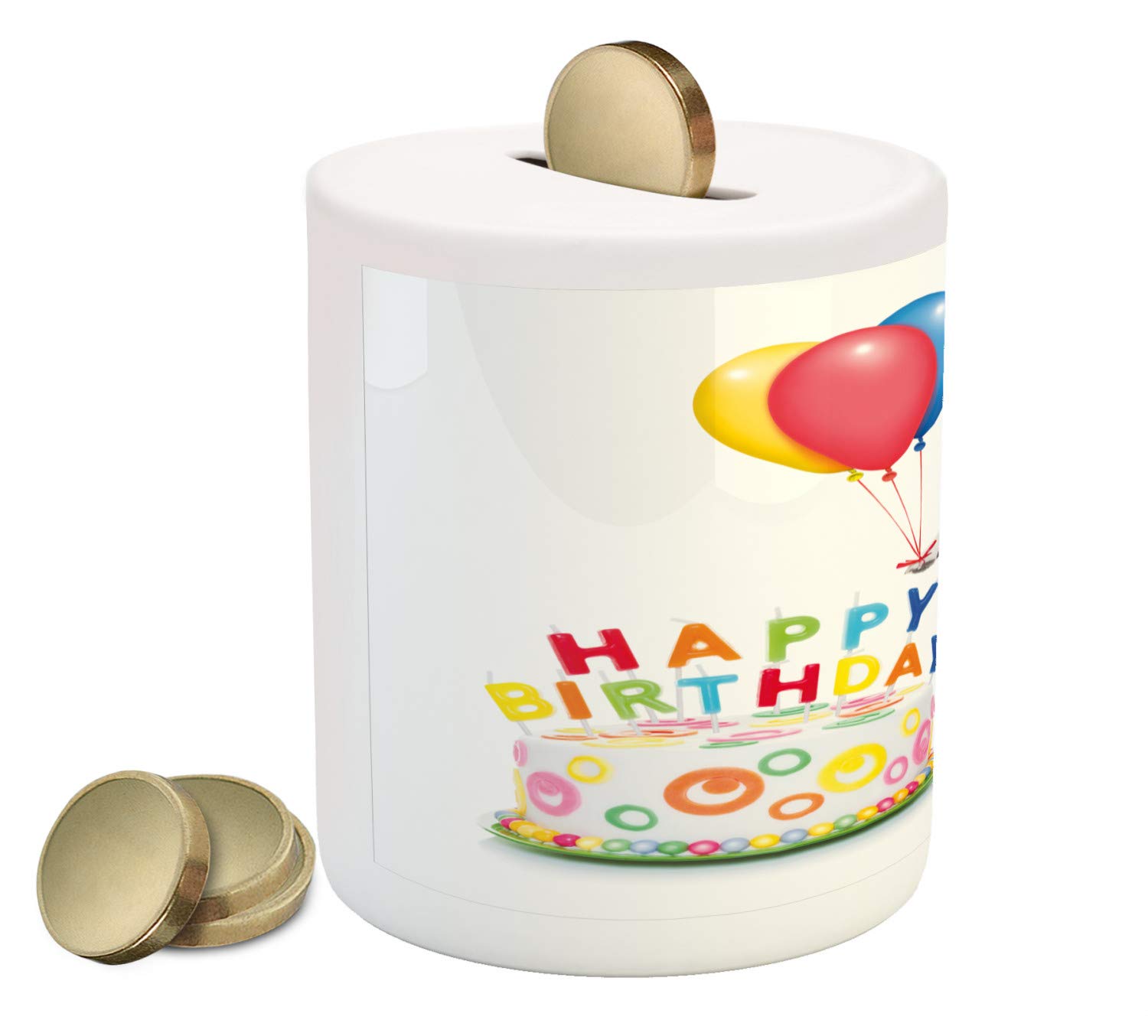 Ambesonne Ceramic Piggy Bank with Birthday Party Design - Dancing Dog, Cake & Balloons Artwork - Money Box for Cash Saving & Gifts (Multicolor) - Perfect for Kids' Birthday Parties, Savings Gifts & Home Decor