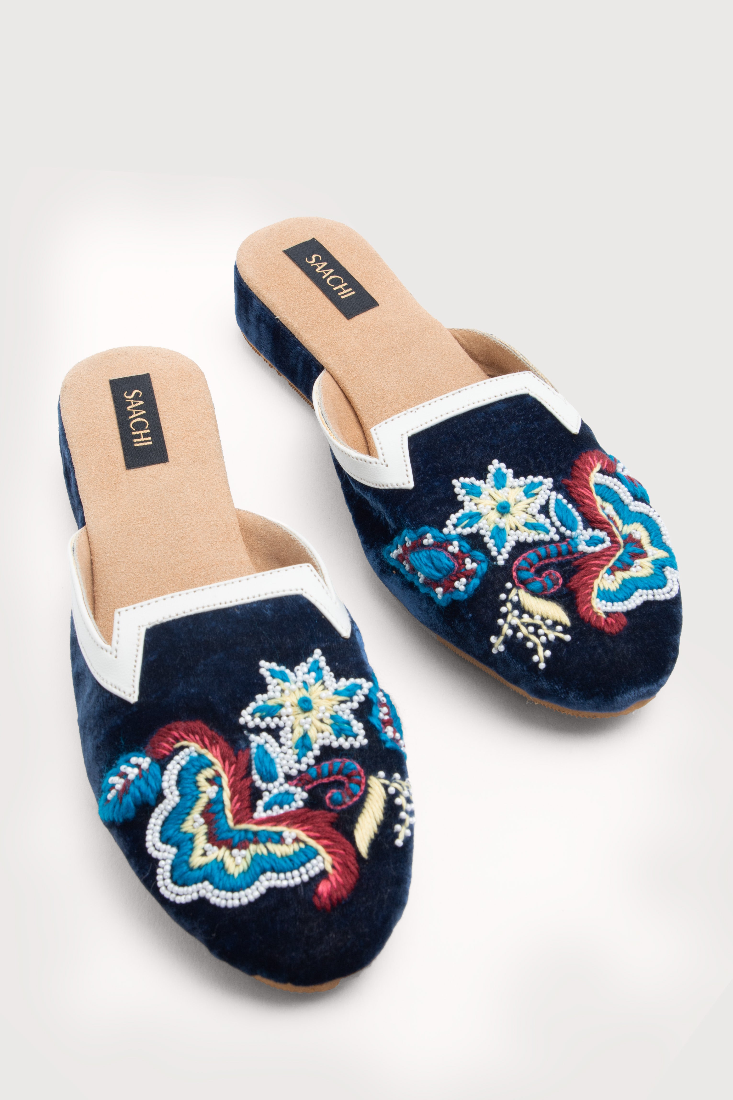 Blue Velvet Embroidered Slides for Women - Comfortable House Slippers with Floral Design - Perfect for Indoor, Lounge, and Spa Relaxation