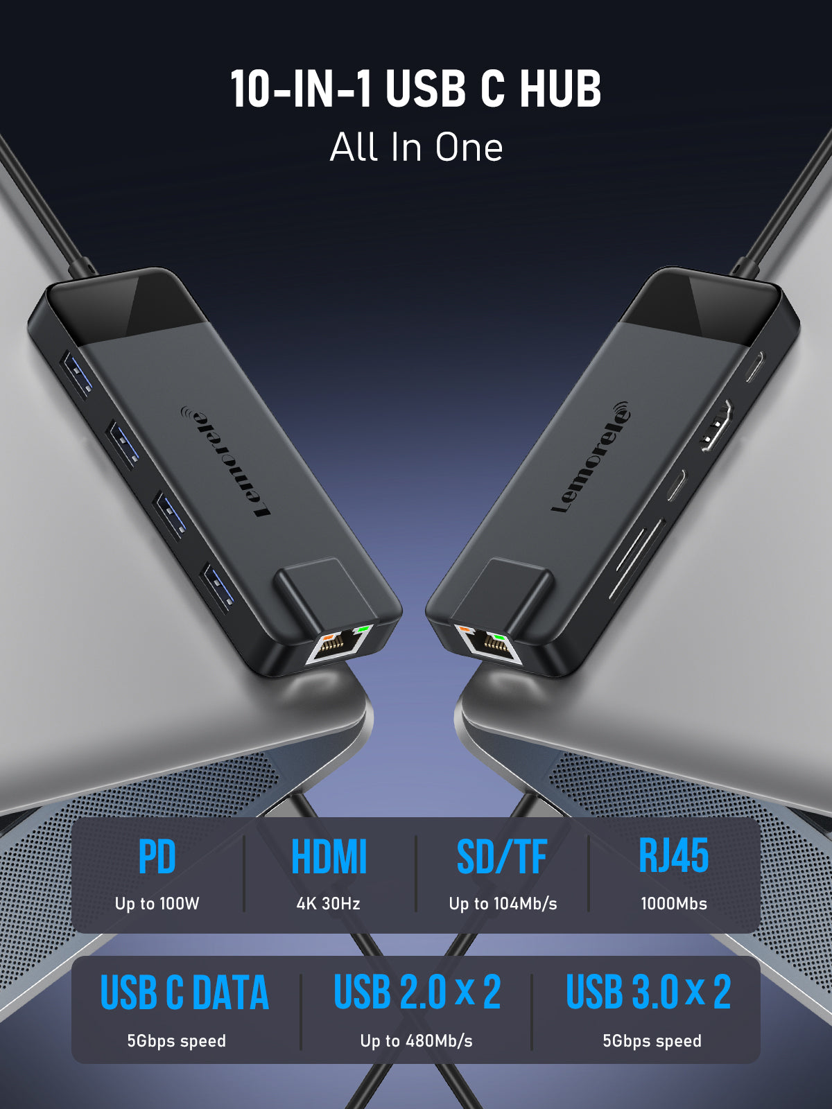 LEMORELE™ TC93 10-in-1 USB C Hub Multiport Adapter with 4K HDMI, USB 3.0, SD/TF Card Reader - Perfect for MacBook Pro, Dell XPS, and Surface Laptop (Space Gray) | Ideal for Home Office, Business Travel & Remote Work