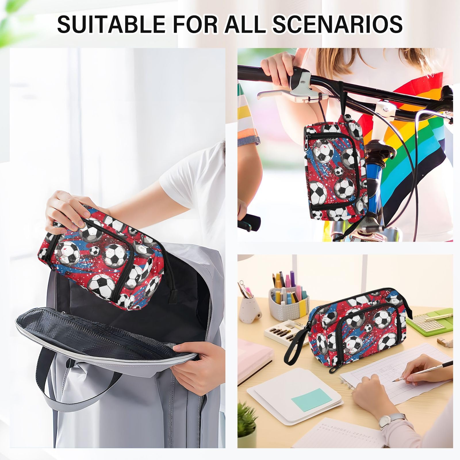 Premium Red Soccer Ball Design Large Capacity Pencil Case - Multi-Compartment Portable Pen Pouch Organizer for School, Office & Travel | Aesthetic Stationery Storage for Students, Teens & Adults (Boys & Girls)