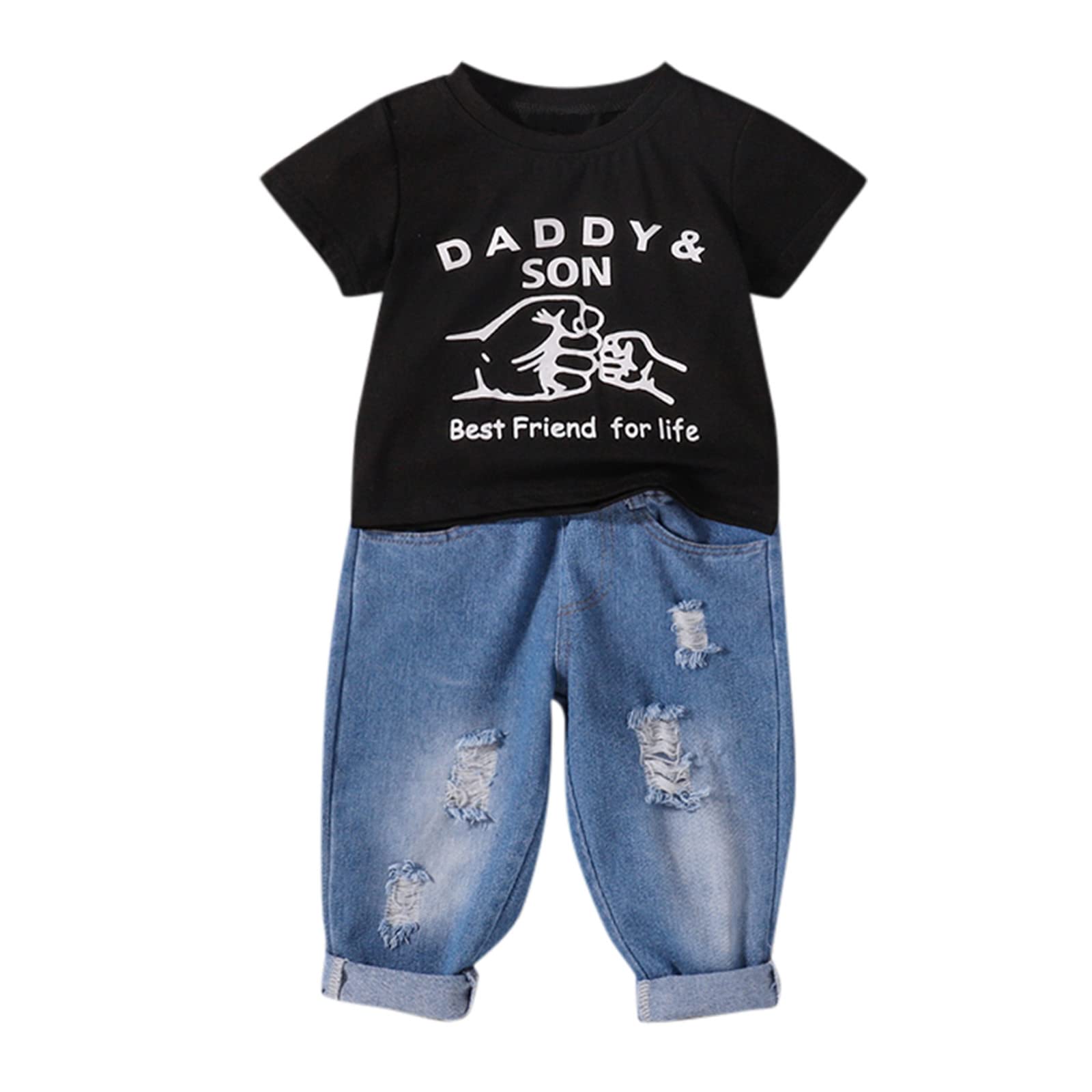 Boys' Letter Print Short Sleeve T-Shirt & Ripped Jeans Set - White Casual Outfit for Toddlers Age 3-4 Years | Perfect for Playdates, Preschool & Everyday Wear