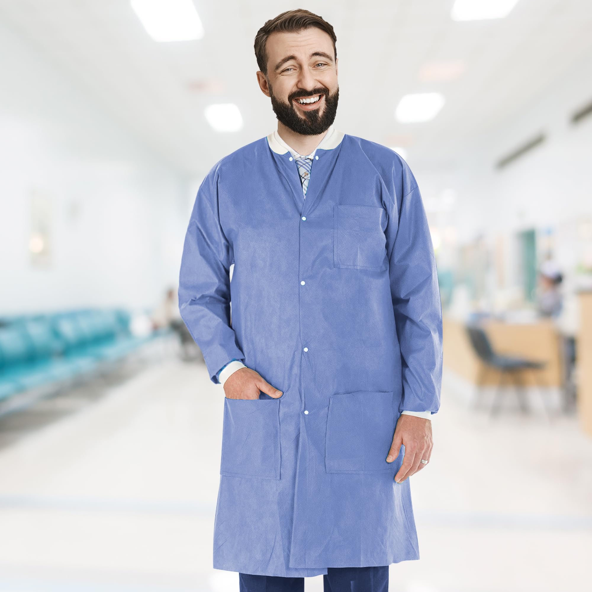 AMZ Disposable Lab Coats for Adults - Medium Size, Pack of 50 - Blueberry SMS Knee-Length Medical Lab Coats (45 GSM) with Cuffs, Knit Collar & 3 Pockets - Ideal for Medical, Dental, Painting & Laboratory Use