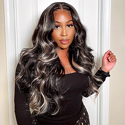 20 Inch Wiggins Black & Platinum Blonde Lace Front Wig - Human Hair with Grey Highlights, T-Part Lace, Body Wave Style for Women | Perfect for Cosplay, Daily Wear & Special Occasions