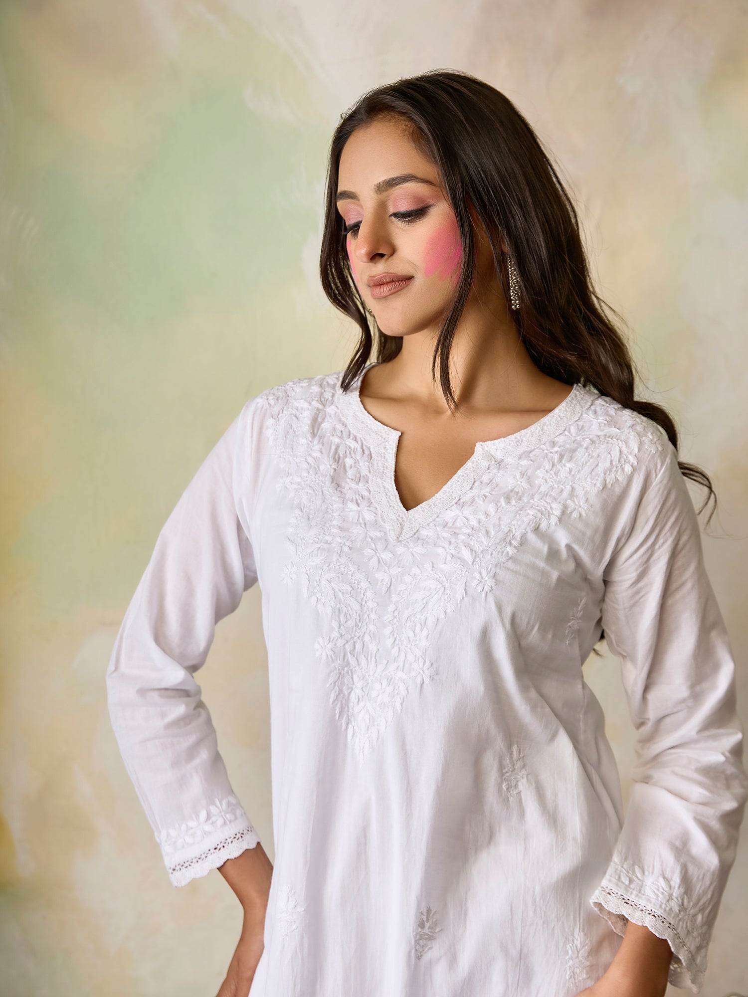 Hand Embroidered Chikankari Long Kurti for Women - White Cotton Traditional Indian Tunic - Perfect for Festivals, Weddings & Casual Wear