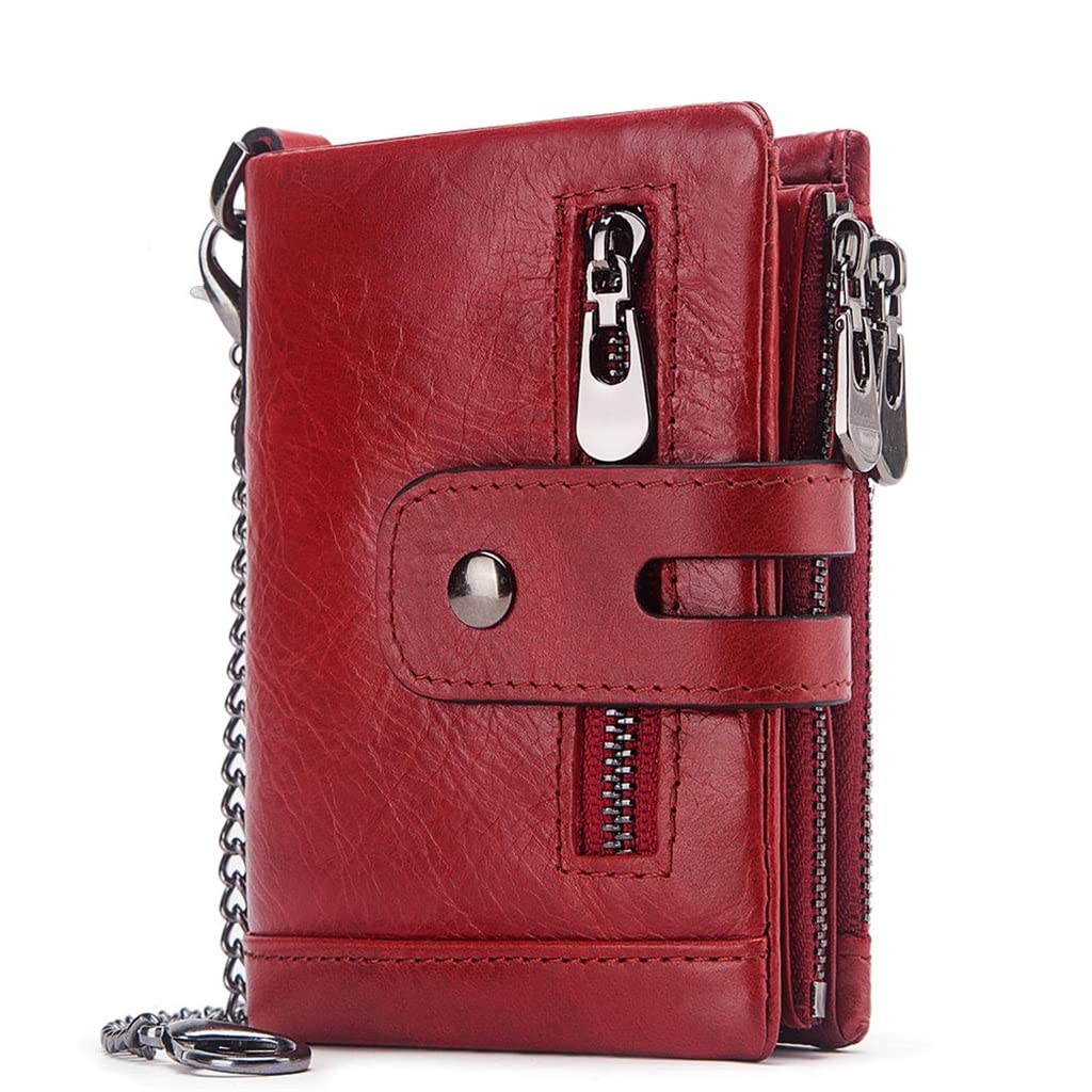 Genuine Leather Women's Wallet with Double Zipper, ID Card Holder & Coin Purse - Compact Short Wallet for Everyday Use (Red) - Perfect for Work, Travel and Daily Essentials Organization
