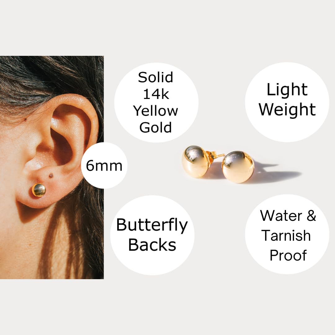 14K Gold Stud Earrings for Women - Butterfly Back Ball Earrings in 3/4/5/6/7/8mm Sizes | Elegant Anniversary, Valentine's Day & Birthday Gift for Her | Perfect for Everyday Wear, Date Nights & Special Occasions
