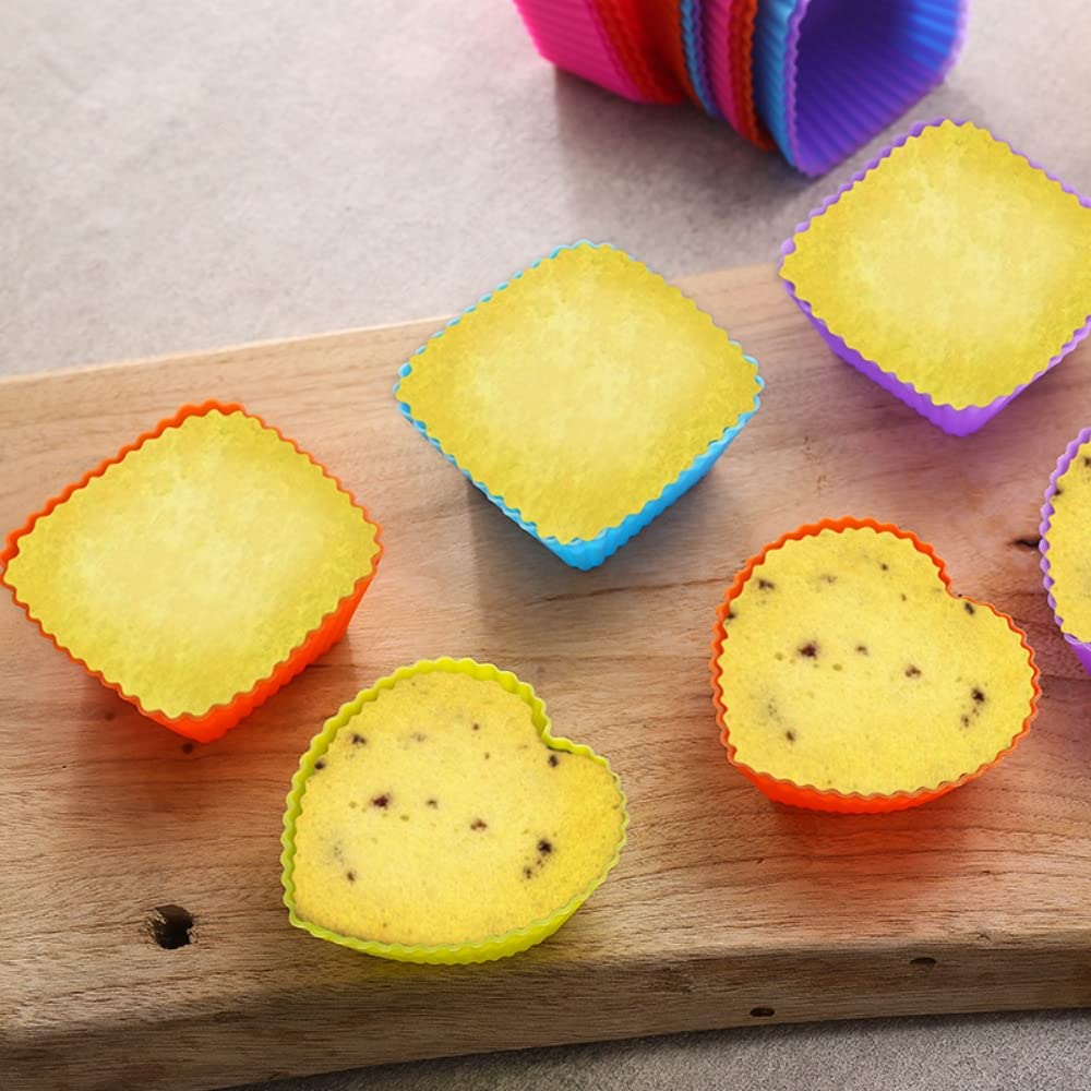 A-XINTONG 30-Pack Reusable Silicone Muffin Cups - Square & Heart Shaped Nonstick Baking Molds (2.75x2.75x1.18 inch) for Cupcakes, Truffles, Chocolate Candies - Perfect for Home Baking, Party Desserts & DIY Cake Decorating