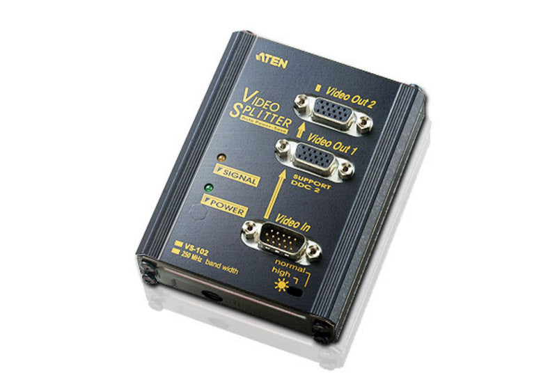 Aten VS102 2-Port VGA Splitter - 250MHz Bandwidth, Supports 1920x1440@60Hz, 65m Range - No Cable Included, Wall Mountable (Metal) - Perfect for Home Theater, Office Presentations & Multi-Monitor Setups