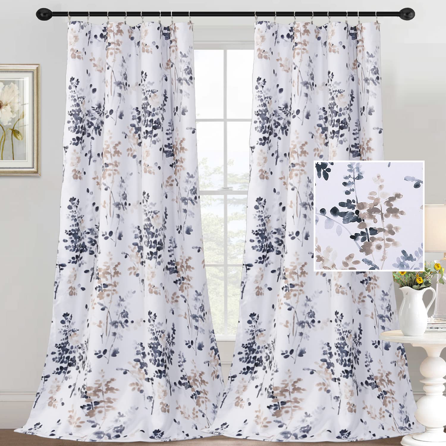 H.VERSAILTEX 95 Inch Floral Curtains - Blackout Room Darkening Window Panels for Bedroom, Rod Pocket Design, Classical Bluestone & Taupe Floral Print, Set of 2 Panels - Perfect for Living Room, Nursery, or Home Decor
