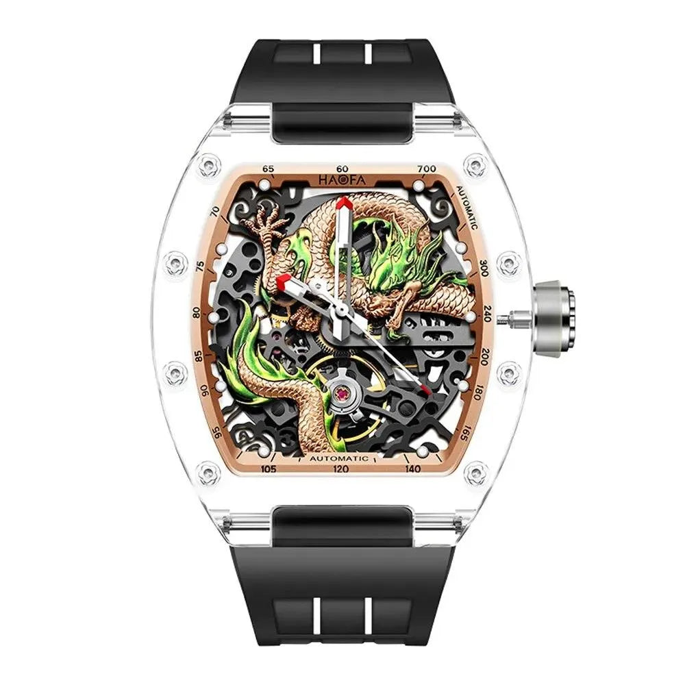 Haofa 3D Dragon Automatic Skeleton Watch for Men - Transparent Crystal Case with Luminous Hands, Waterproof Mechanical Wristwatch (Model 2321) - Perfect for Formal Events, Business Meetings & Luxury Gift Giving