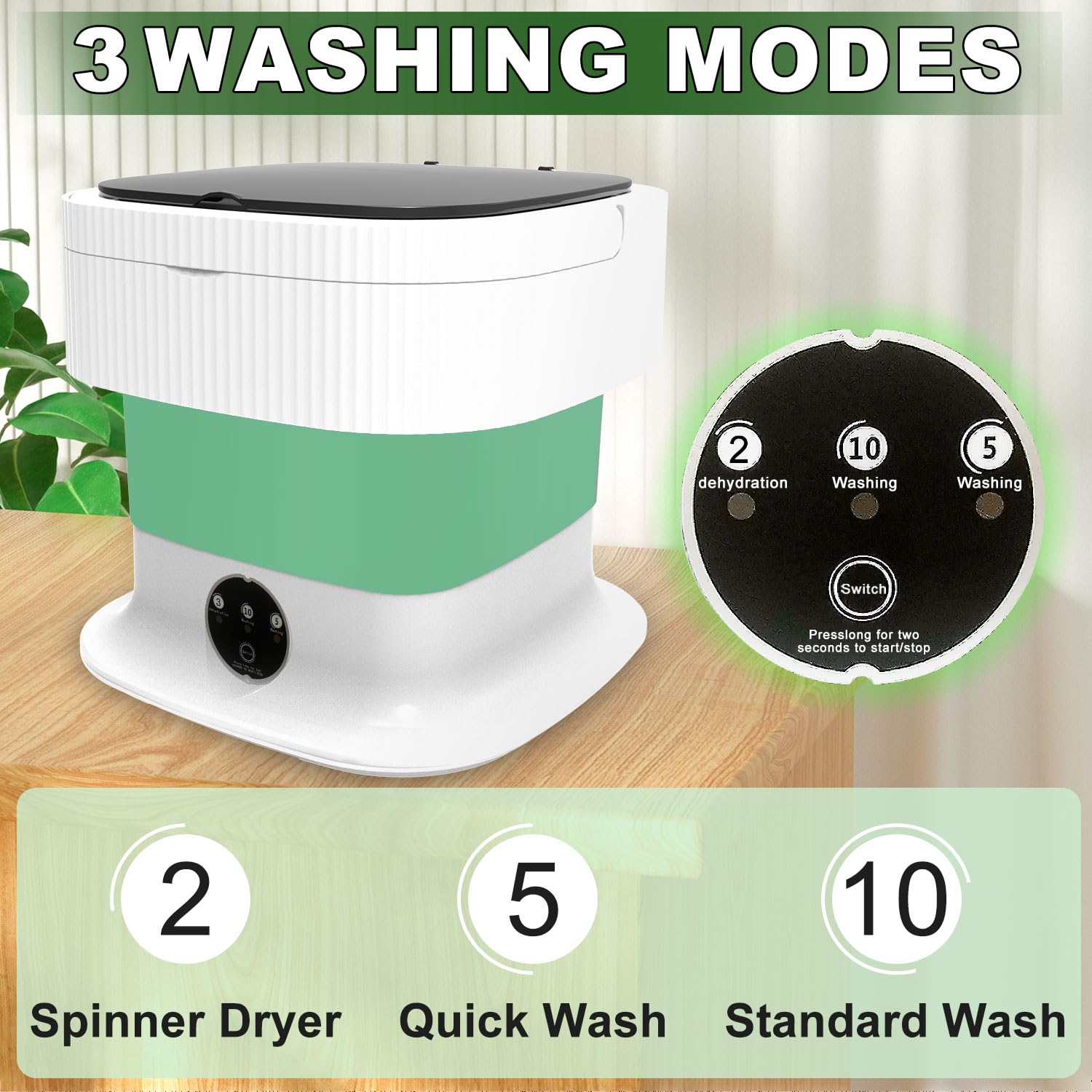 Mini Portable Washing Machine 16L with Spin Dryer - Foldable Travel Washer for Camping, RV, Dorms & Apartments | Green Compact Laundry Solution