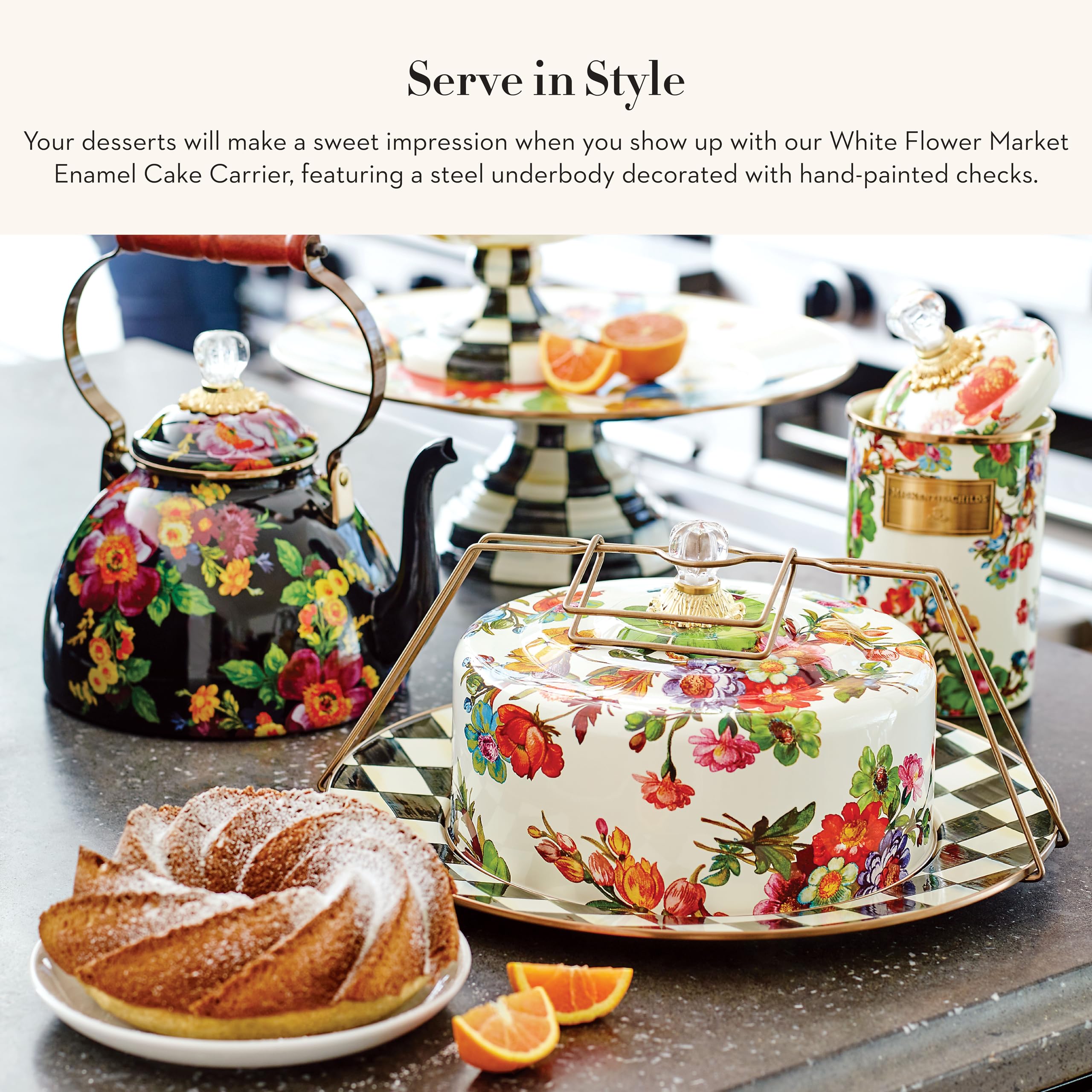 MACKENZIE-CHILDS White Flower Market Cake Carrier with Lid & Handles - Elegant Black-and-White Courtly Check Serving Platter for Parties, Picnics & Special Occasions