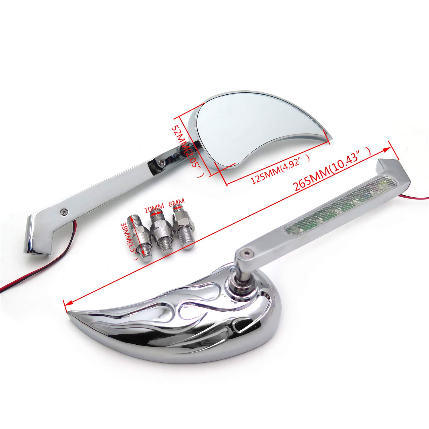 HTTMT Chrome LED Turn Signal Mirrors for Harley Touring Dyna Softail - Flame Fire Raindrop Design (P/N: MT208+TTT003) | Enhanced Visibility & Safety for Night Riding & Custom Motorcycle Upgrades