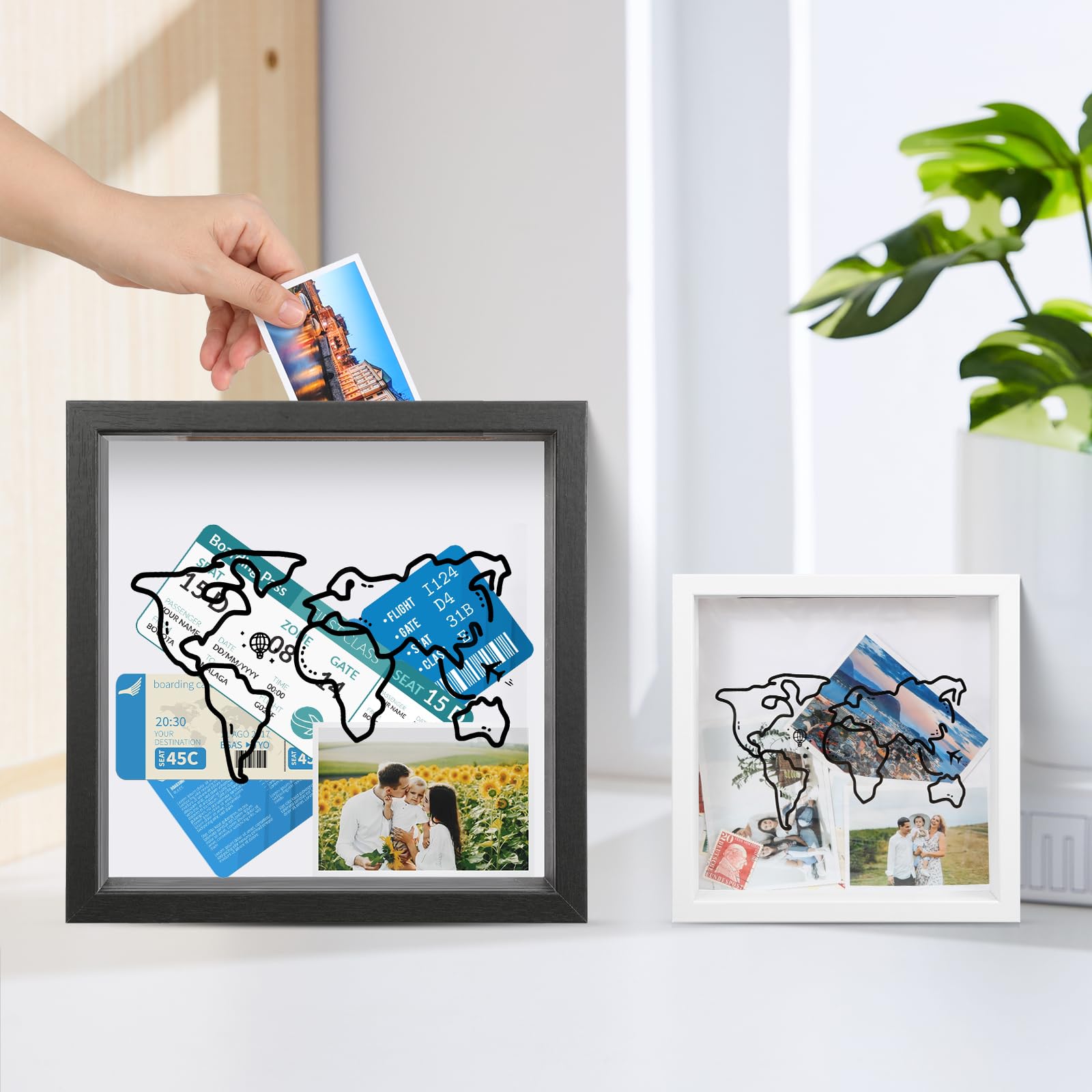Ronlap 8x8in White Travel Shadow Box - Top Loading Memory Display Case for Keepsakes & Adventure Mementos | Perfect for Travel Scrapbooking, Vacation Souvenirs & Home Décor