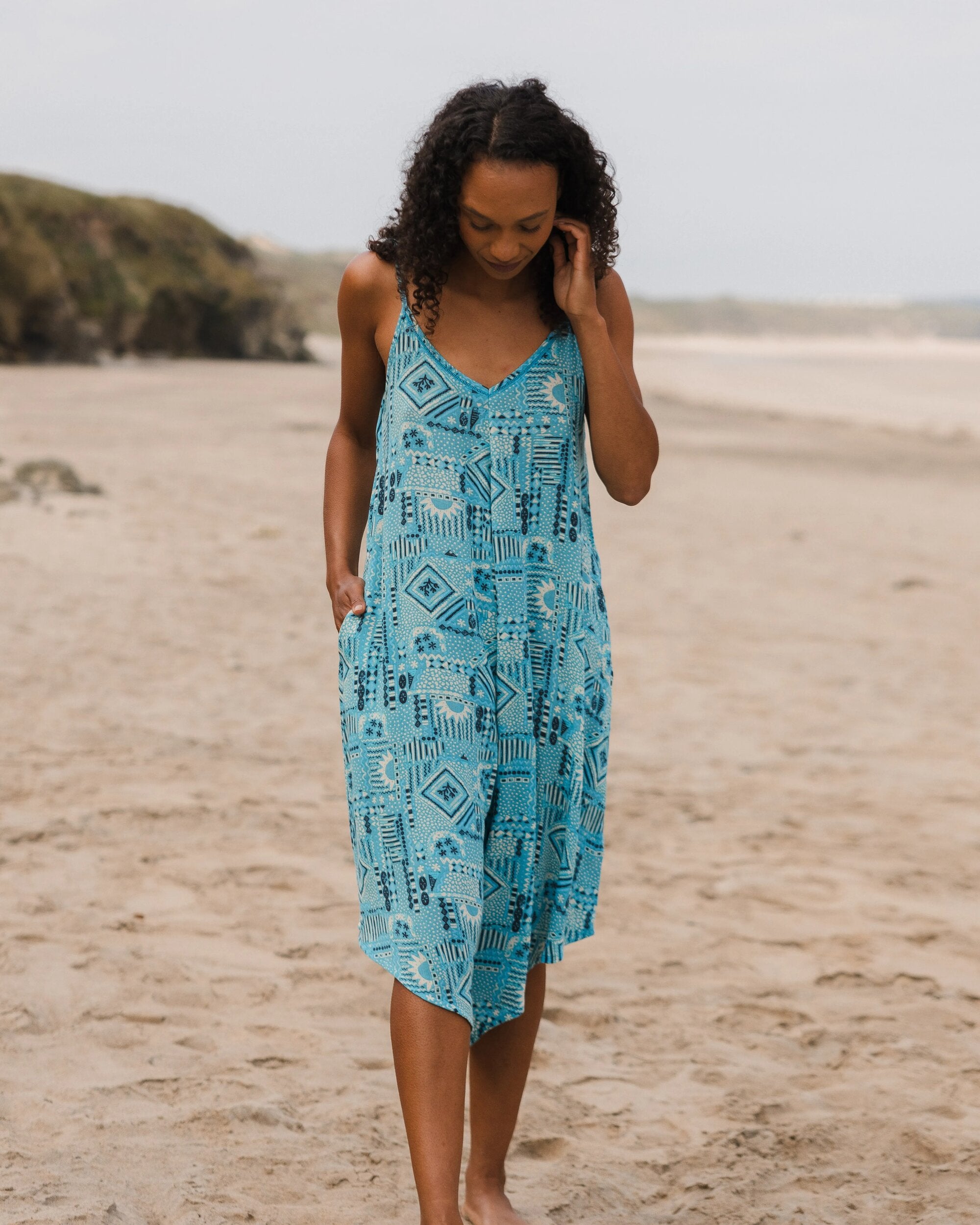Vintage Patchwork Blue Pool Jumpsuit - Retro Boho Chic Women's One Piece Outfit for Beach, Pool Party & Summer Vacation