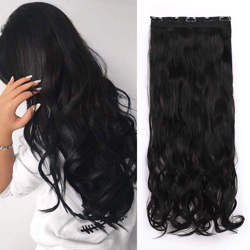 Clip In Hair Extensions 17in Curly Synthetic Hairpiece with 5 Clips - Jet Black 3/4 Full Head Wavy Hair Extensions for Volume & Length | Perfect for Parties, Weddings & Daily Styling