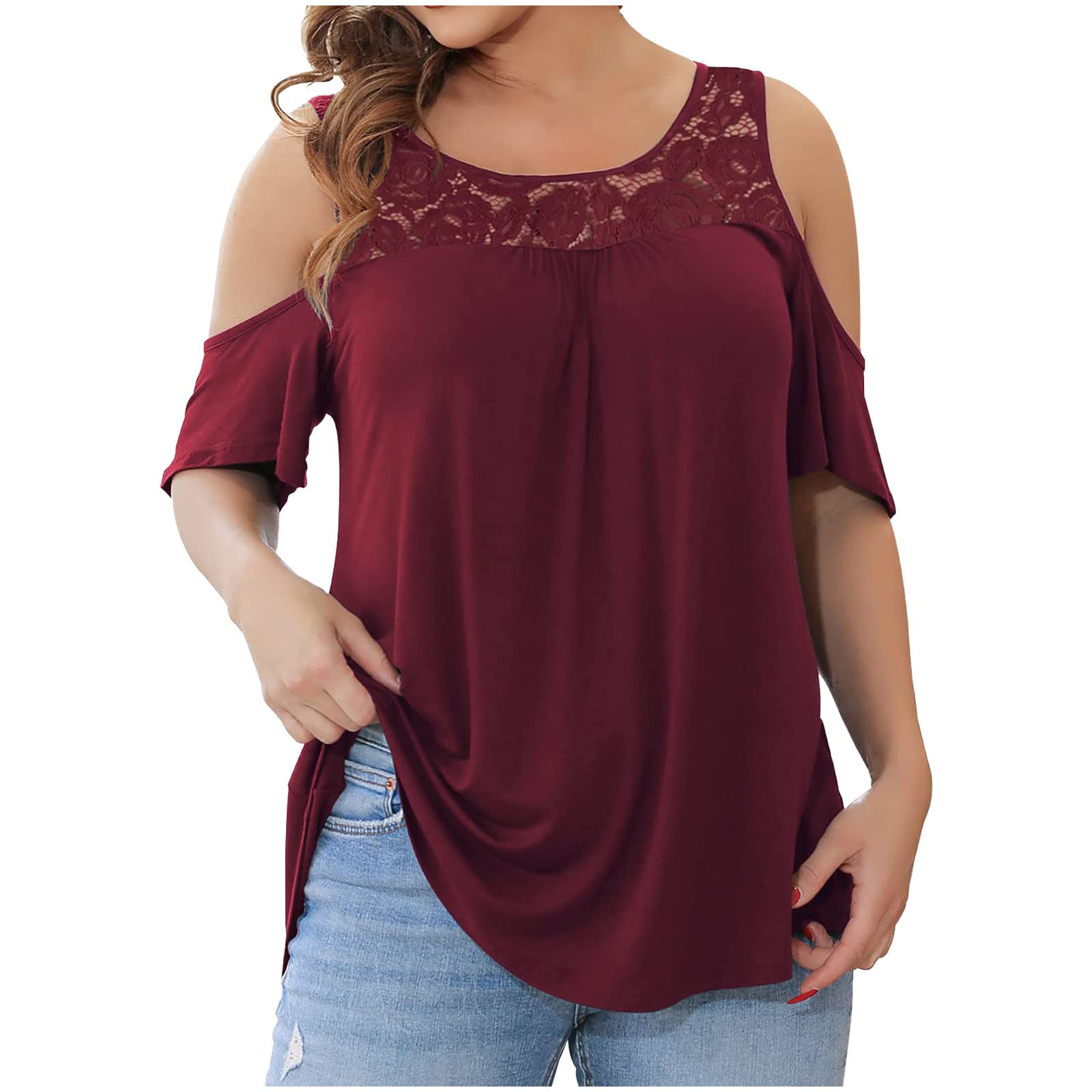 Summer Women's Cold Shoulder Plus Size Tunic Top - Sexy Lace Crew Neck Blouse with Short Sleeves | Casual Solid Color T-Shirt for Beach, Party & Everyday Wear