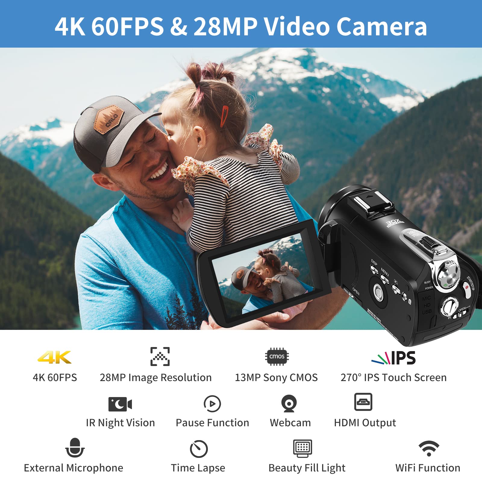 ORDRO AZ30 4K UHD Vlogging Camera with Wi-Fi, Night Vision & Microphone - 1080P 60FPS YouTube Camera Kit with Wide Angle Lens, Handheld Stabilizer & 32GB TF Card - Perfect for Travel Vlogging, Live Streaming & Content Creation